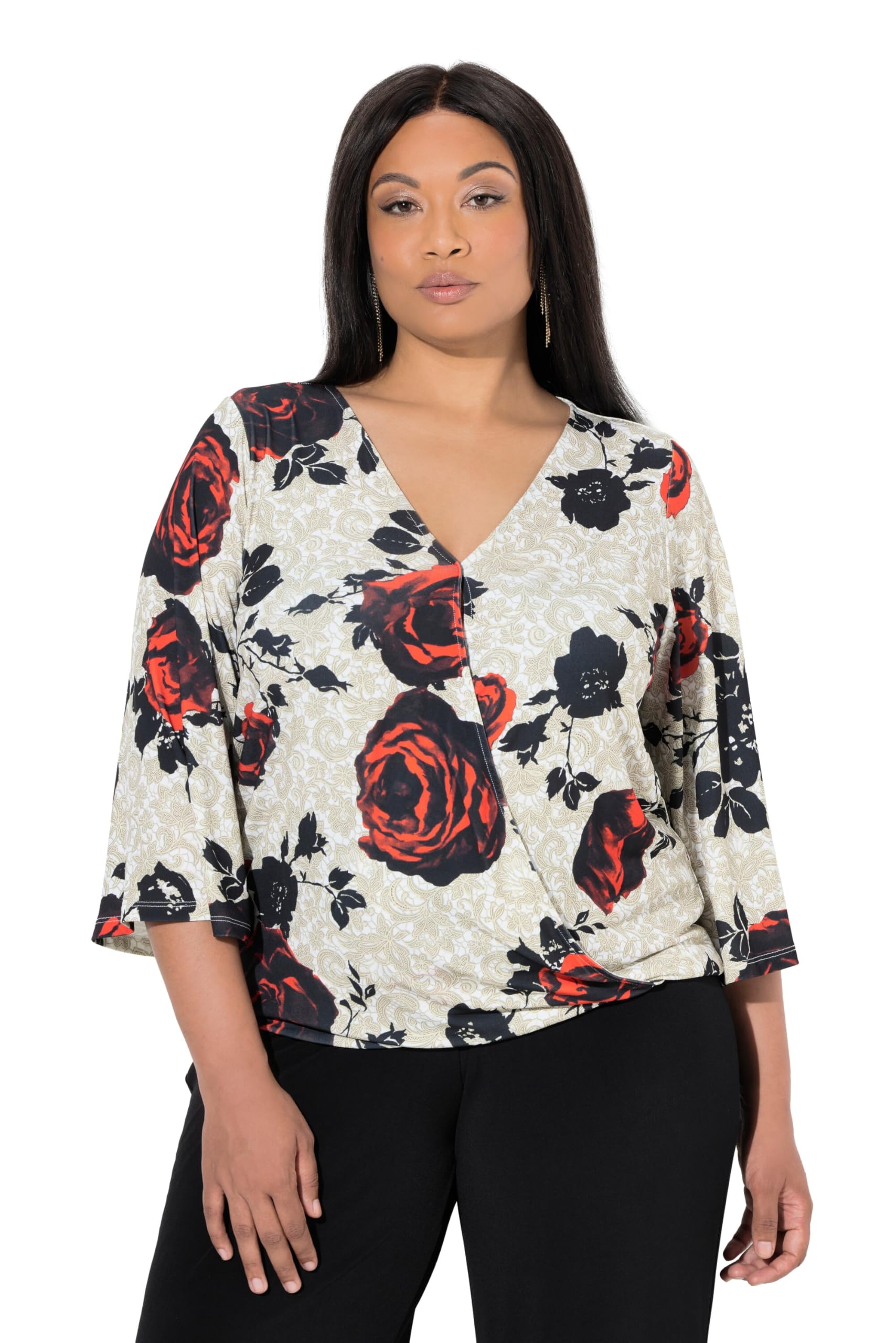 Ulla Popken Damen große Größen Übergrößen Plus Size Shirt, Rosen, Wickeloptik, V-Ausschnitt, 3/4-Glockenärmel 847406