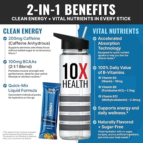 Miniatura 2 de 10X Health - Trituradora de ondas energéticas, bebida energética con 200 mg de cafeína, BCAA, vitaminas B, absorción acelerada, bebida tropical