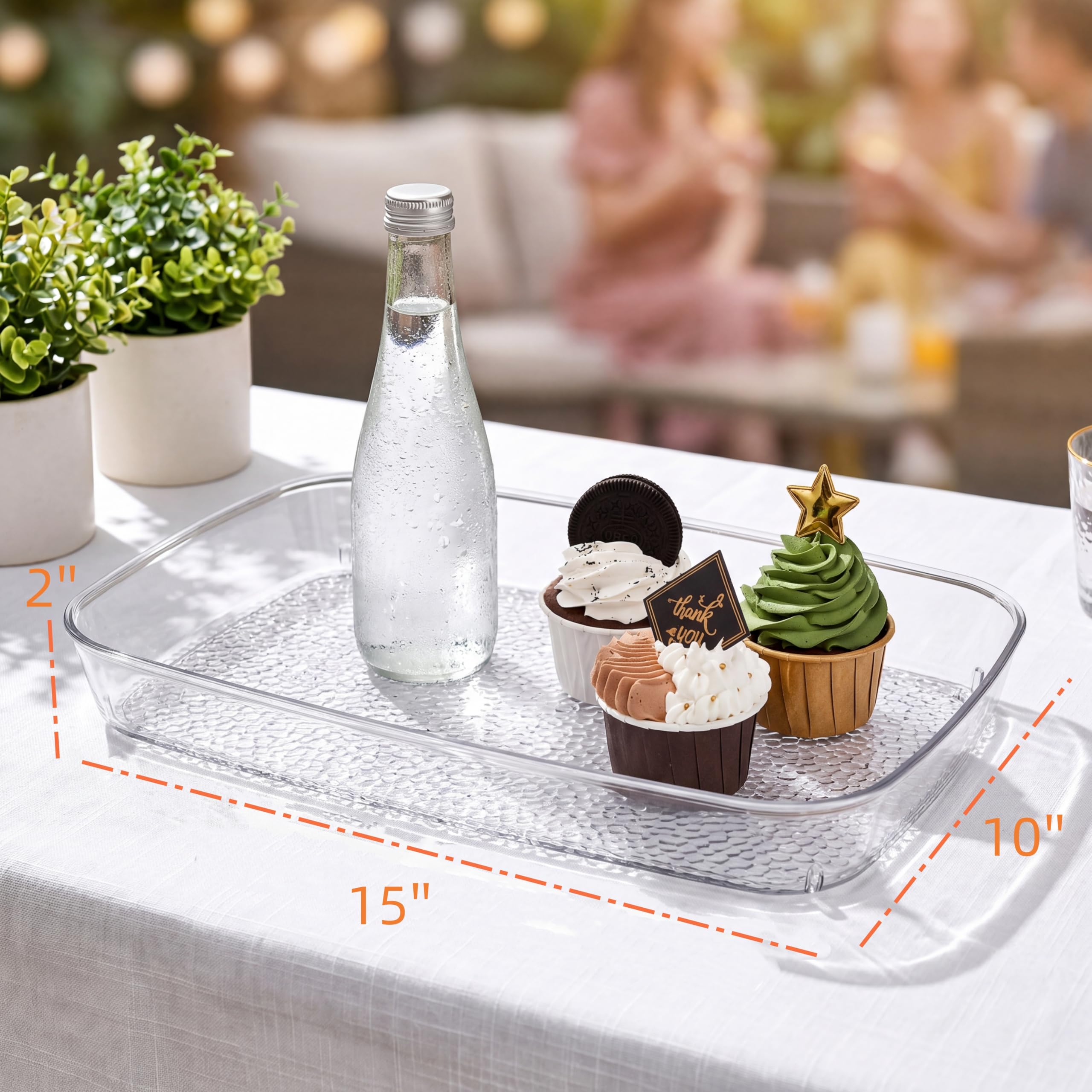 Lyellfe Paquete de 4 bandejas transparentes para servir, 15 x 10 pulgadas de profundidad, a prueba de derrames, mesa de café decorativa, bandeja de perfume para baño, mesa de comedor, armario de