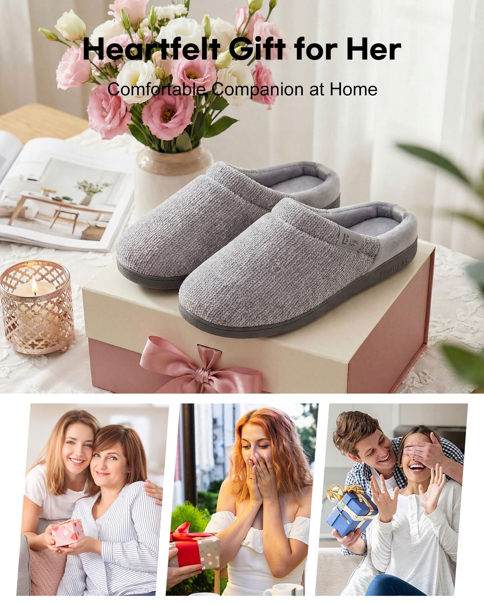 LongBay - Pantofole da donna in ciniglia a maglia, in memory foam