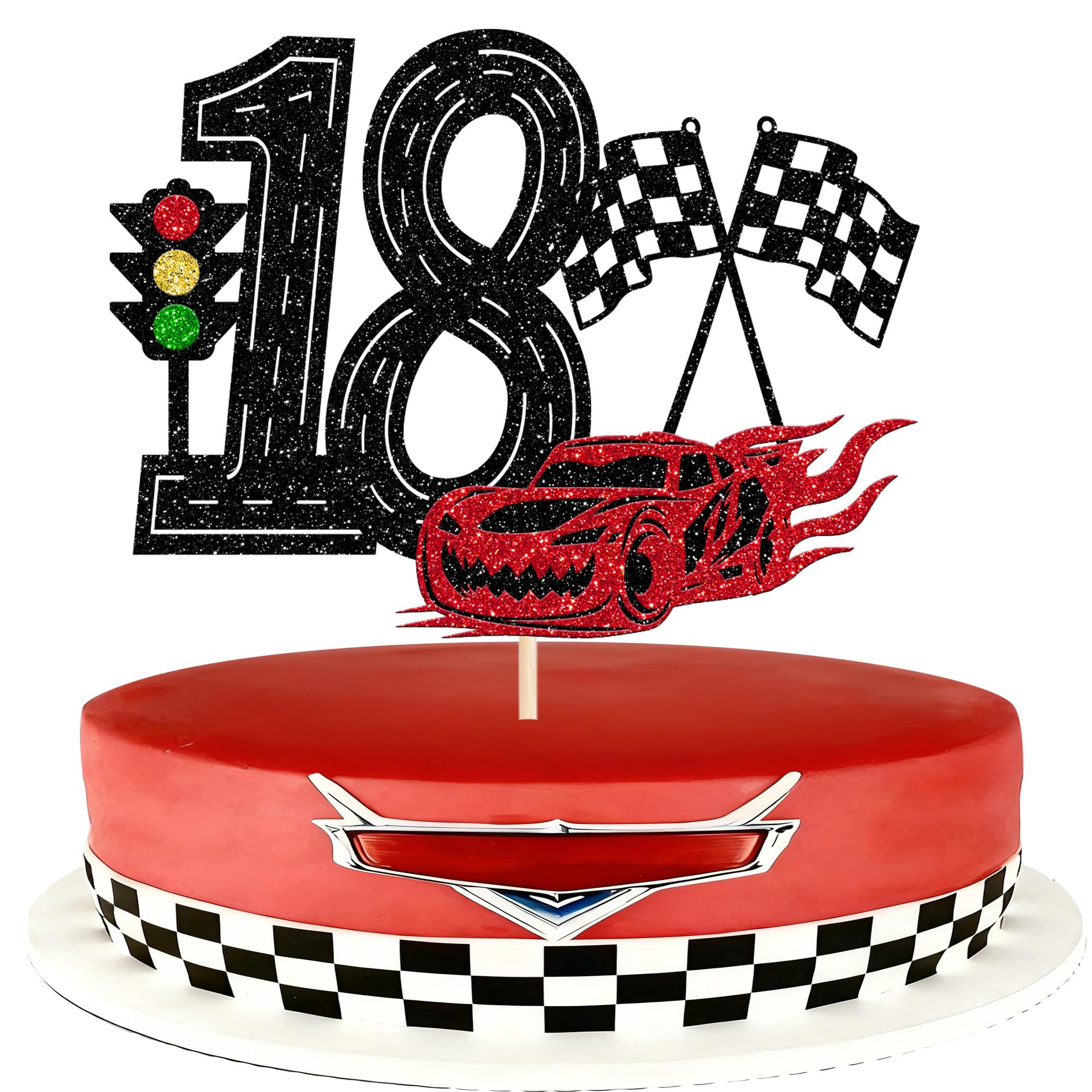 1 Stück Renn Auto 18th Geburtstag Tortendeko Glitzer Happy Birthday Cake Topper Ampel Karierte Flagge Kuchen Deko für Rennen Thema Jungen Mädchen Geburtstag Party Kuchen Dekorationen