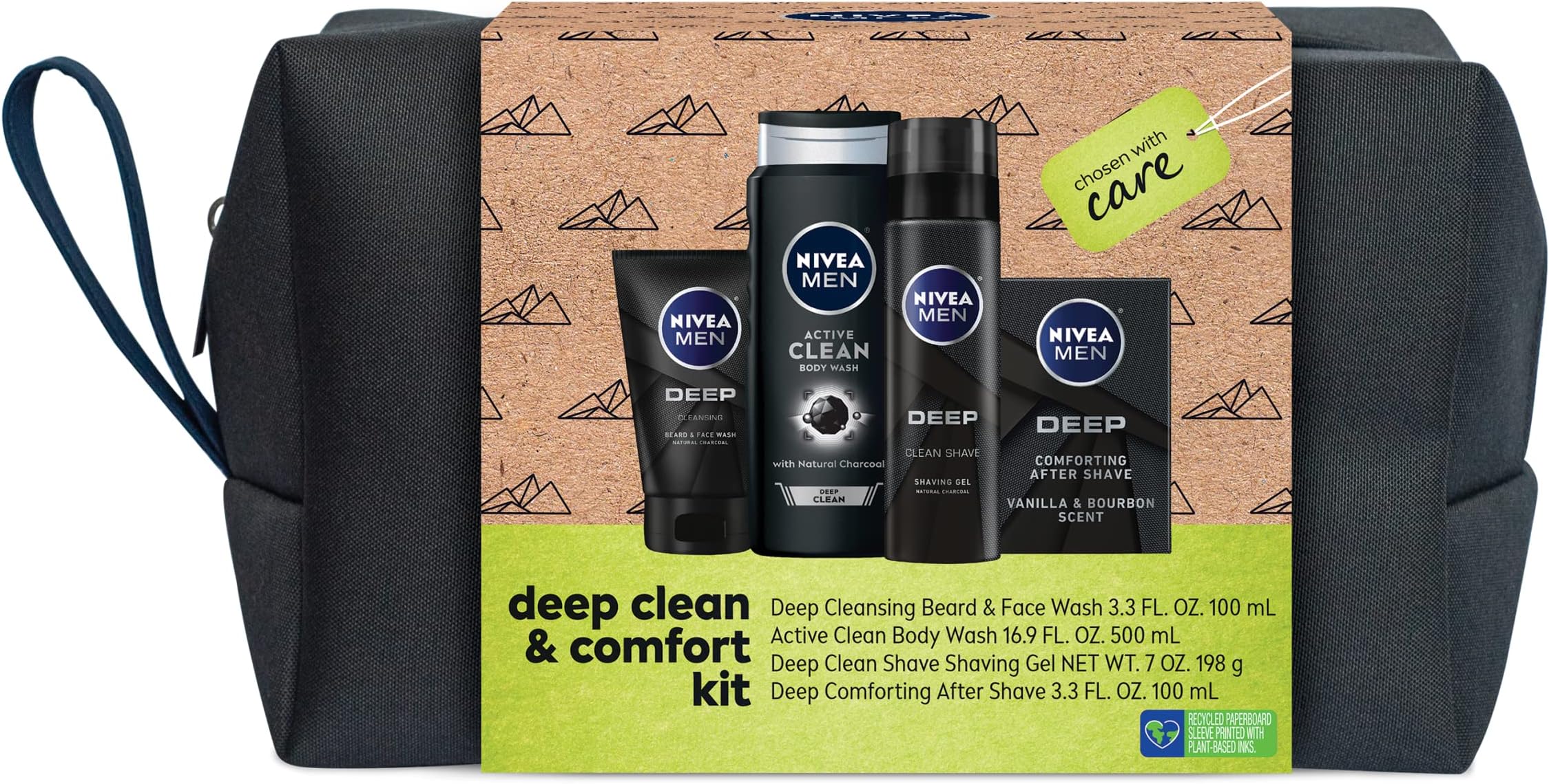 NIVEA MEN Deep Skin Care Collection, Men's Body Wash, Shave Gel, After Shave, and Beard & Face Wash, 4 Piece Gift Set