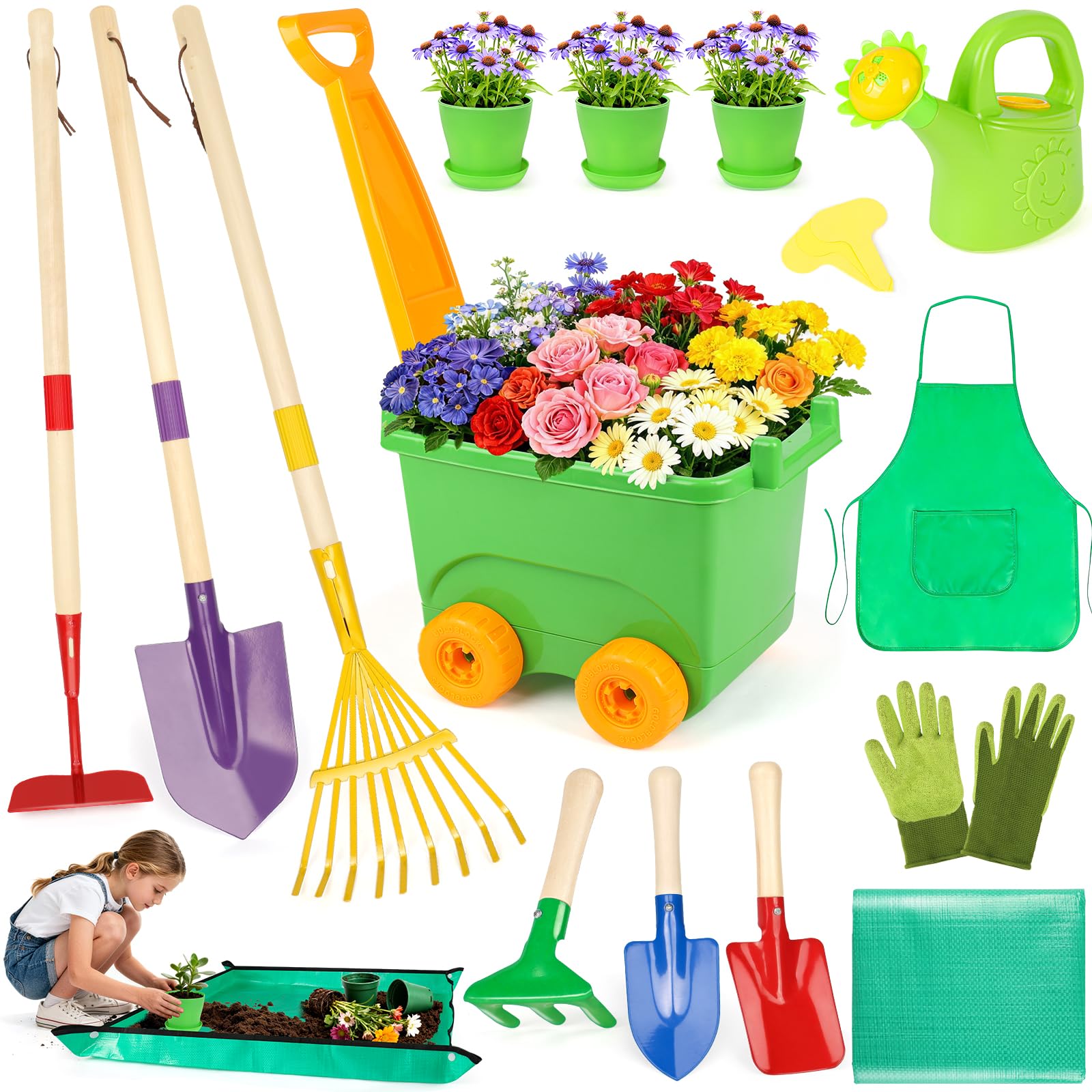 Ensemble de jardinage pour enfants, jouets d'extérieur avec brouette et outils de jardin pour enfants, ensemble de jardinage pour tout-petits avec tapis de rempotage, gants, tablier, arrosoir, jouets
