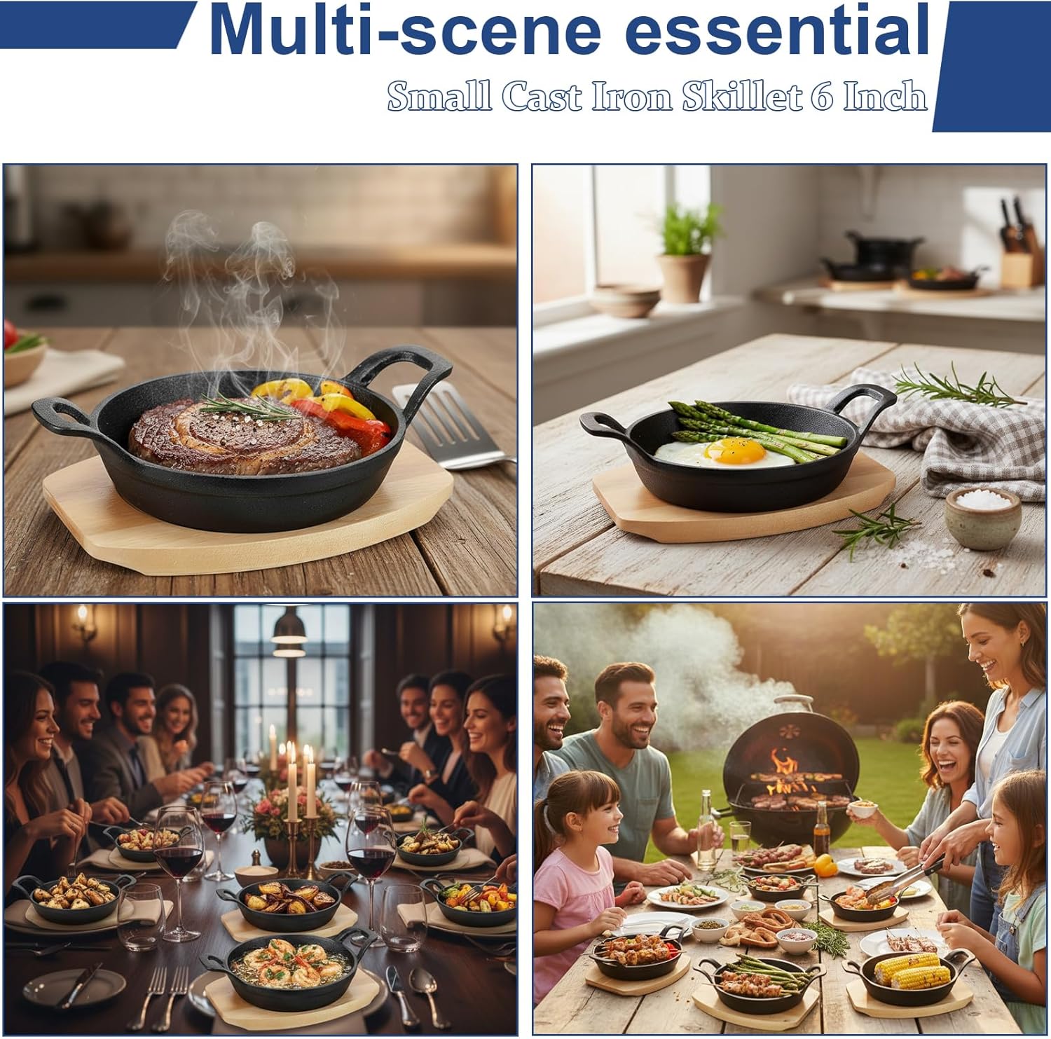 4 Sets Mini Cast Iron Skillet, 6.3 Inch Small Cast Iron Skillets with Wooden Base, Round Mini Pan Fajita Plate Iron Pan Pot, Heavy Duty Cast-iron Cookware for Baking, Frying, Cooking, Serving & More