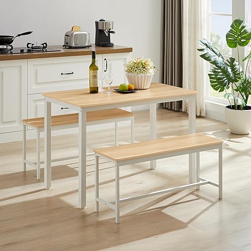 Dining Table Set, Bar Table with 2 Dining Benches, Kitchen Table Counter with Chairs, for Kitchen Breakfast Table, Living Room, Party Room, Natural