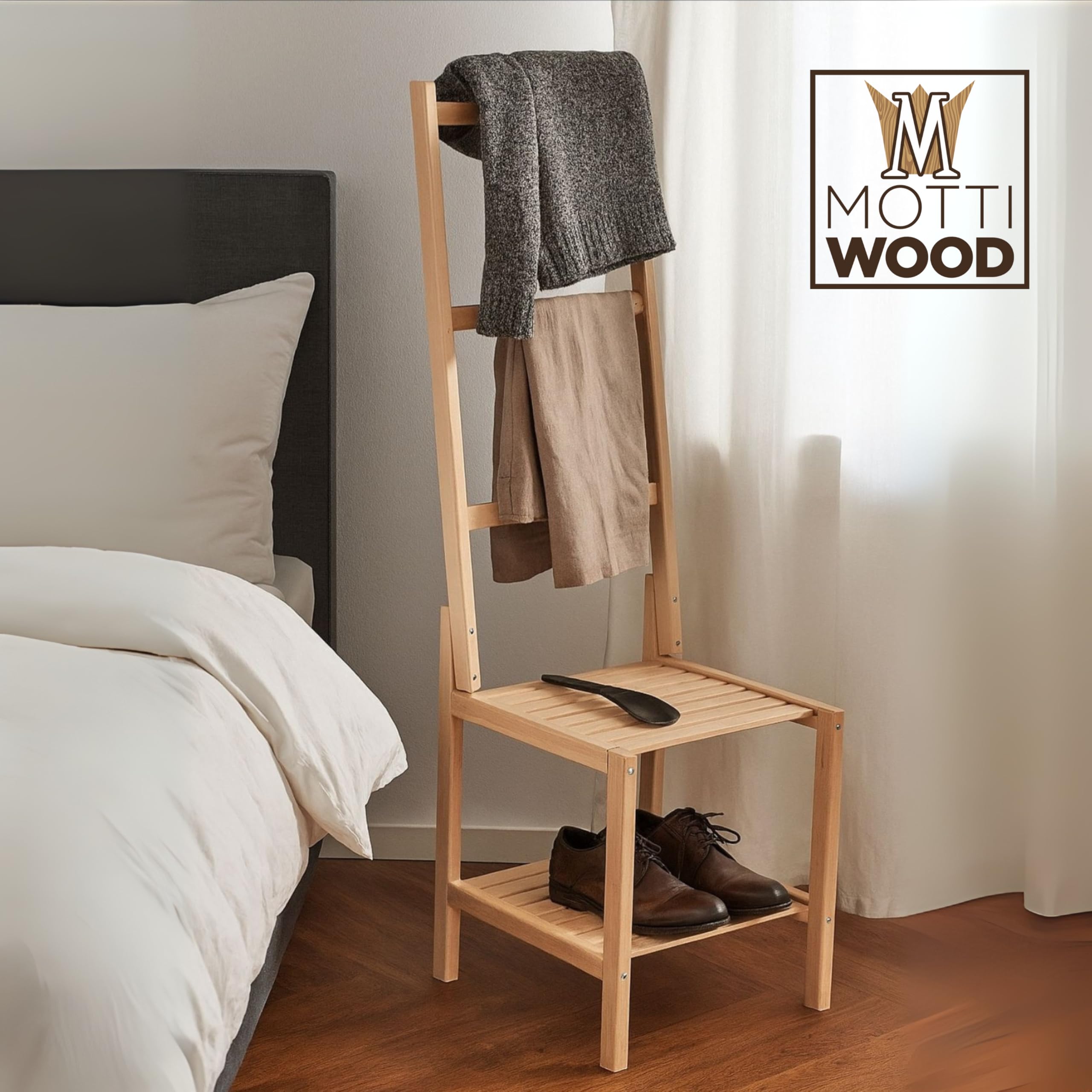 Chaise porte-serviettes en bois de hêtre, 40 x 40,5 x 133 cm, porte-serviettes de bain et chambre à coucher, petit homme serviteur, fabriqué en Italie