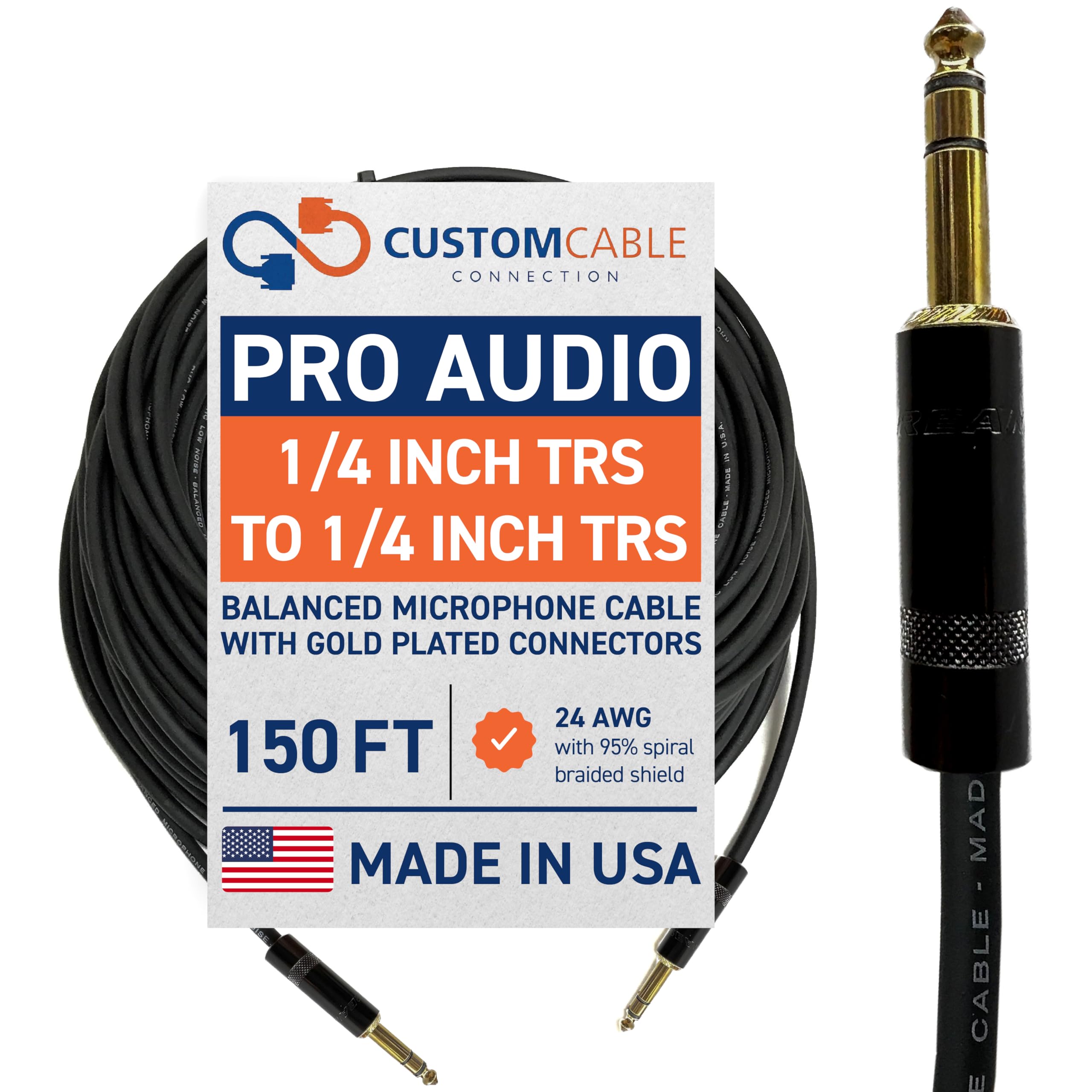 150 Foot Pro Audio REAN 1/4 inch (6.35mm) TRS to REAN 1/4 inch (6.35mm) TRS Balanced Cable with Rean NYS228BG Gold Plated connectors by Custom Cable