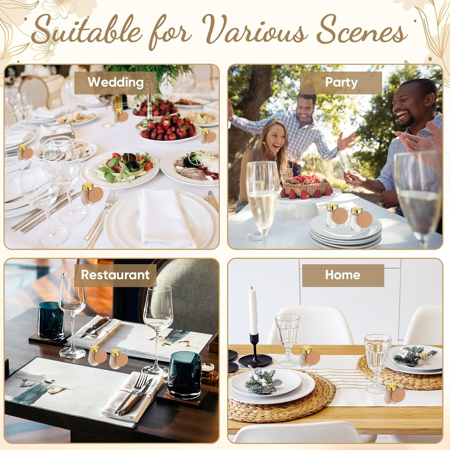 Uiifan 50 Set 0.5 oz Mini Salt and Pepper Shakers with Gold Tone Tops Clear Glass Spice Salt and Pepper Holders Bulk with 5 Plastic Funnels 50 Tags 50 Ropes for Wedding Party Kitchen (Cube Shape)