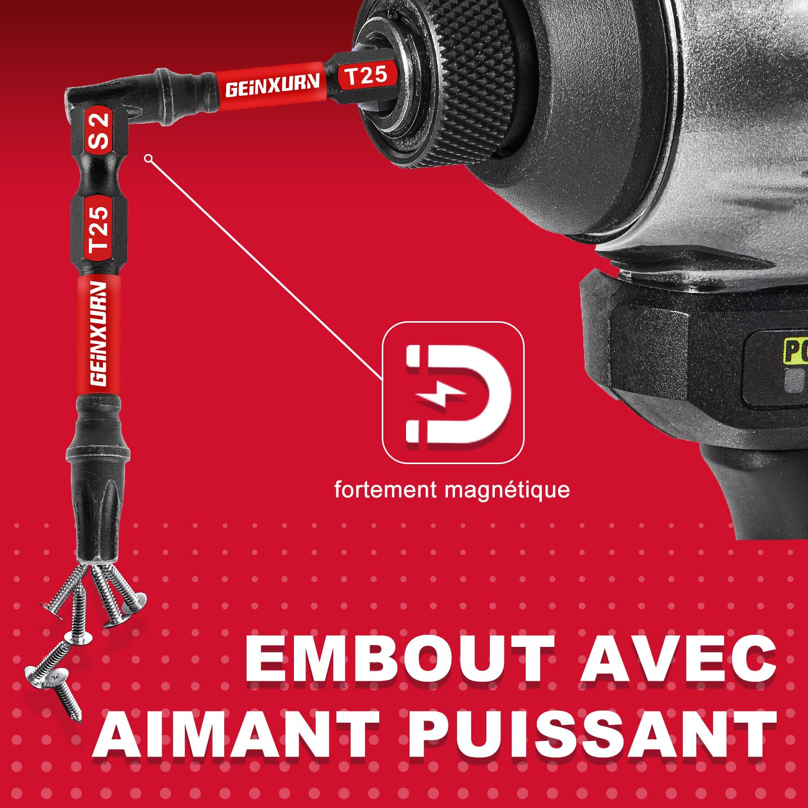 Geinxurn Professional 68 Pièces Embouts de Vissage aux Chocs (PH-, TX-, PZ-, SL-, Hex), Embout Magnétique pour Visseuse Tournevis Tige Hexagonale 1/4" S2 en Acier Allié avec Porte-embout de 75 mm