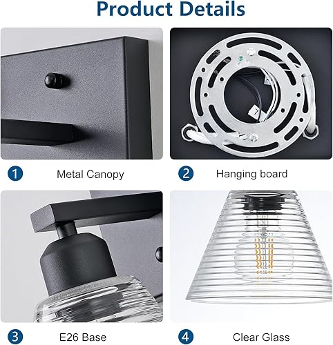 Miniatura 5 de Lámpara de tocador de baño de 1 luz, accesorios de iluminación de baño modernos negros con pantalla de vidrio transparente, apliques de pared de