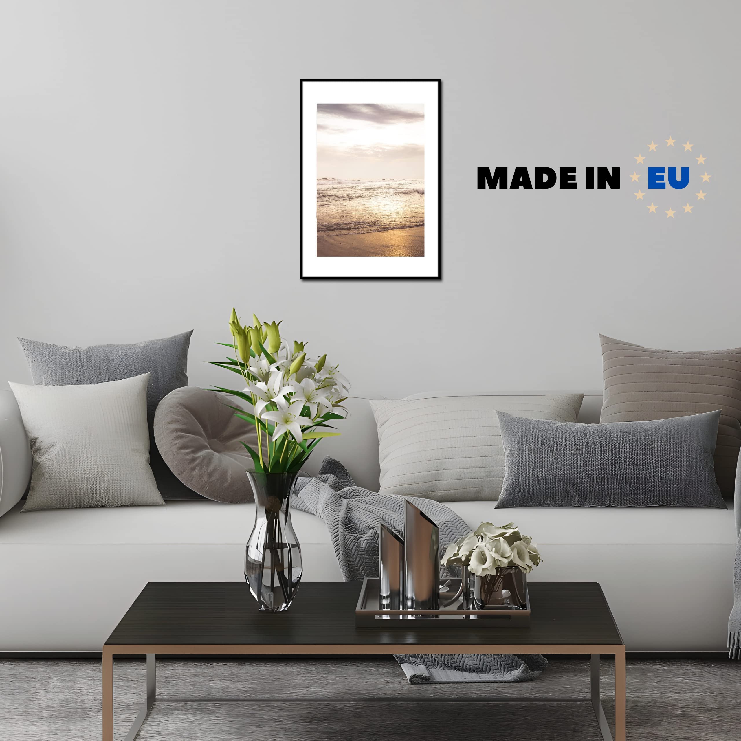 Rahmenbild Gold Coast | Artbox Wandbild | Bild mit Rahmen schwarz | Meer Strand Urlaub Sonnenuntergang Sonne Himmel Sand Wellen Küste | Wohnzimmer Schlafzimmer Büro | orange blau weiß | 50 x 70 cm