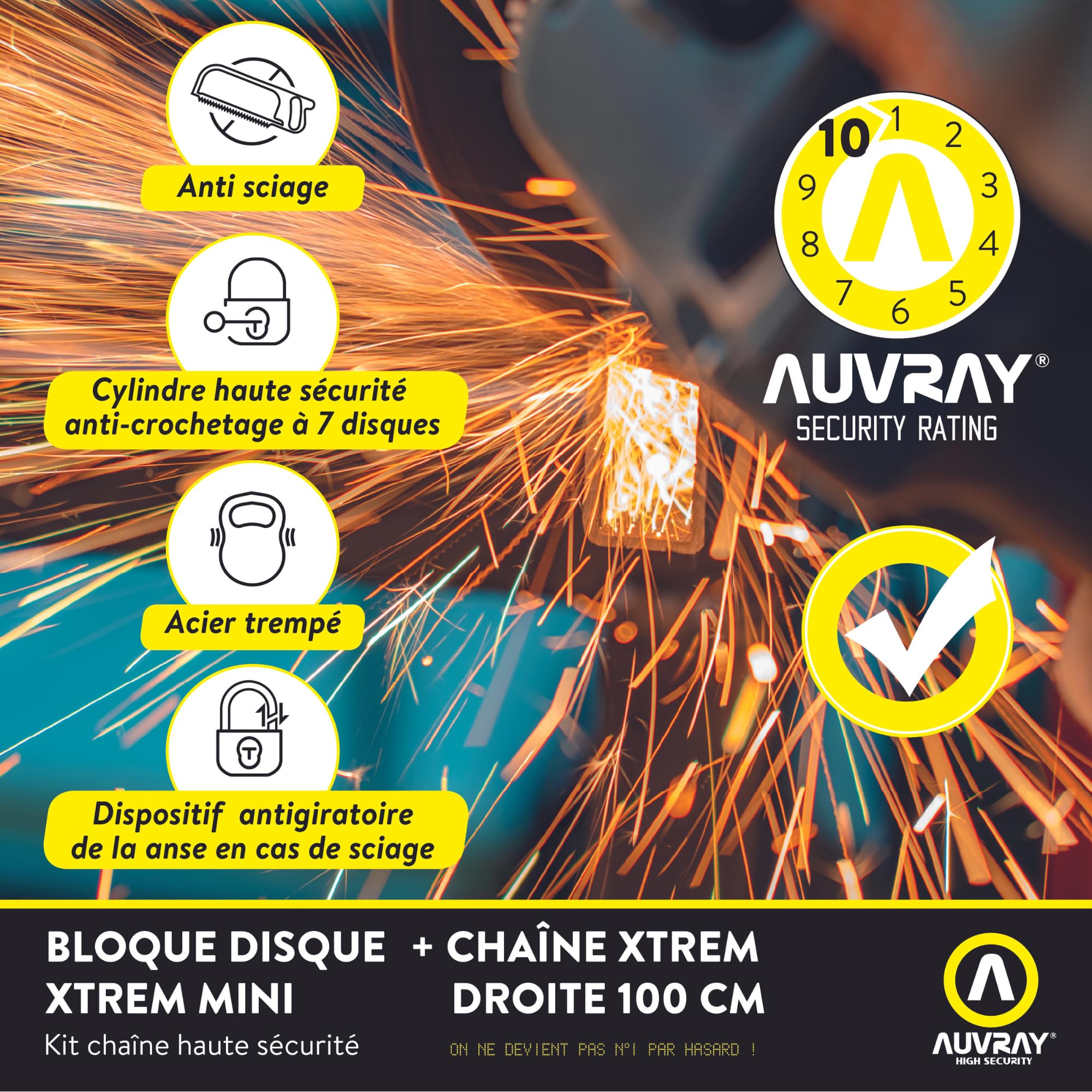 AUVRAY Chaîne et Bloque-Disque Moto U XTREM homologué SRA – Anse Acier Trempé 18 mm – Double Verrouillage Sécurisé – 3 Clés – Haute Sécurité 110 x 310 mm