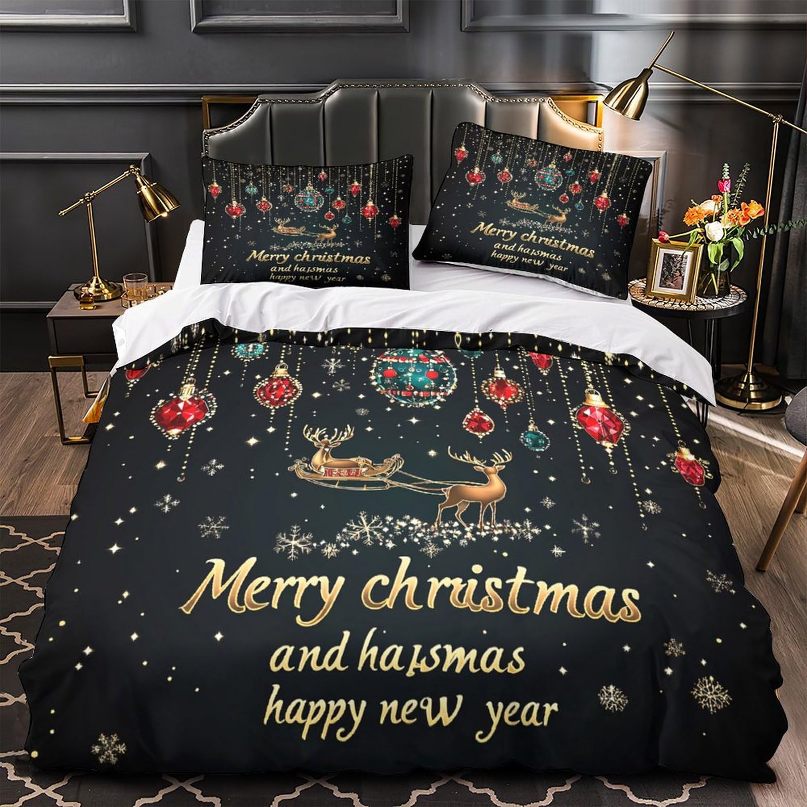 Parure de lit vache de Noël 200x200 avec housse de couette microfbre
