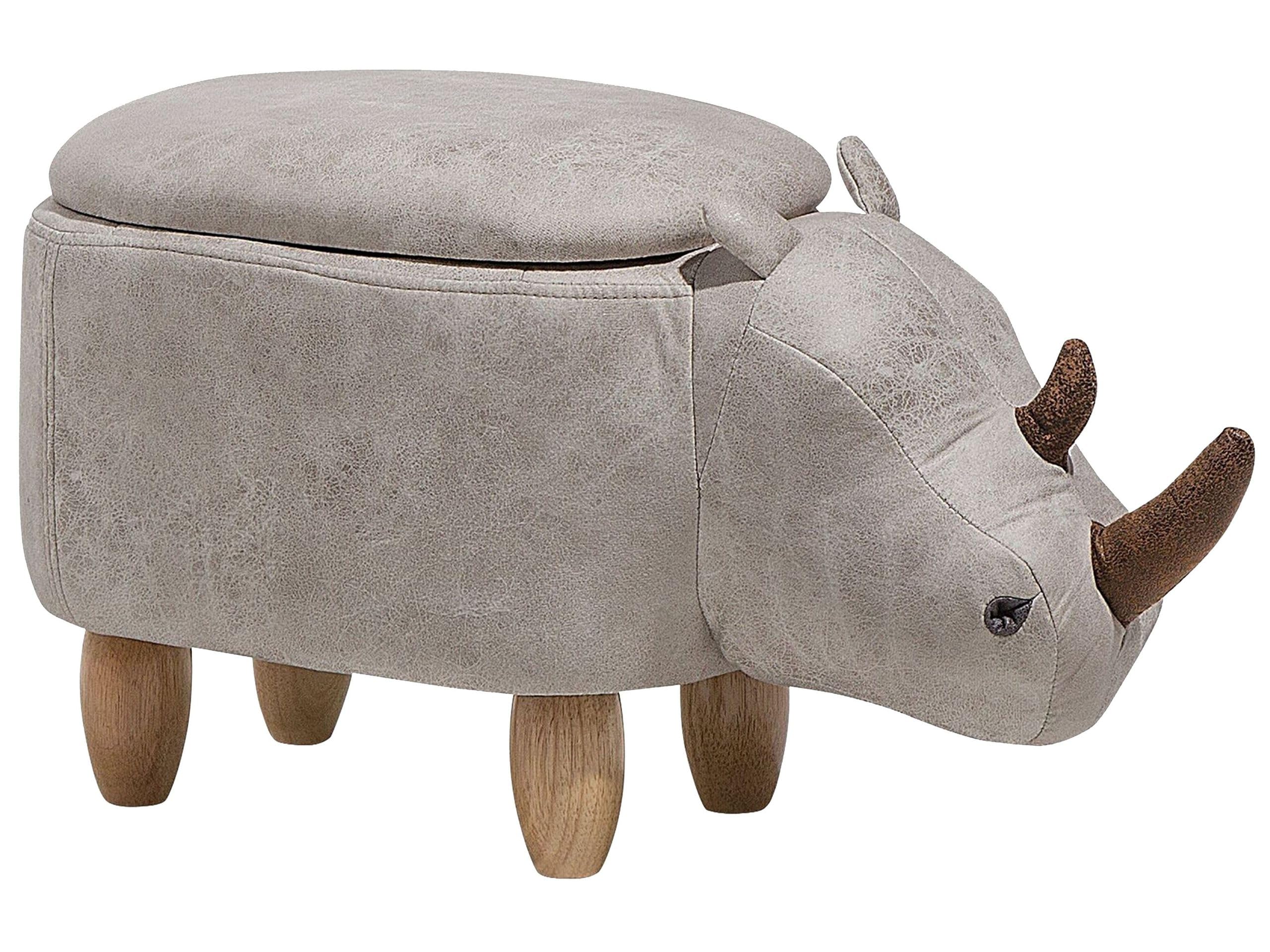 Hocker Nashorn Lederoptik hellgrau Tierhocker für Kinder mit Stauraum Rhino