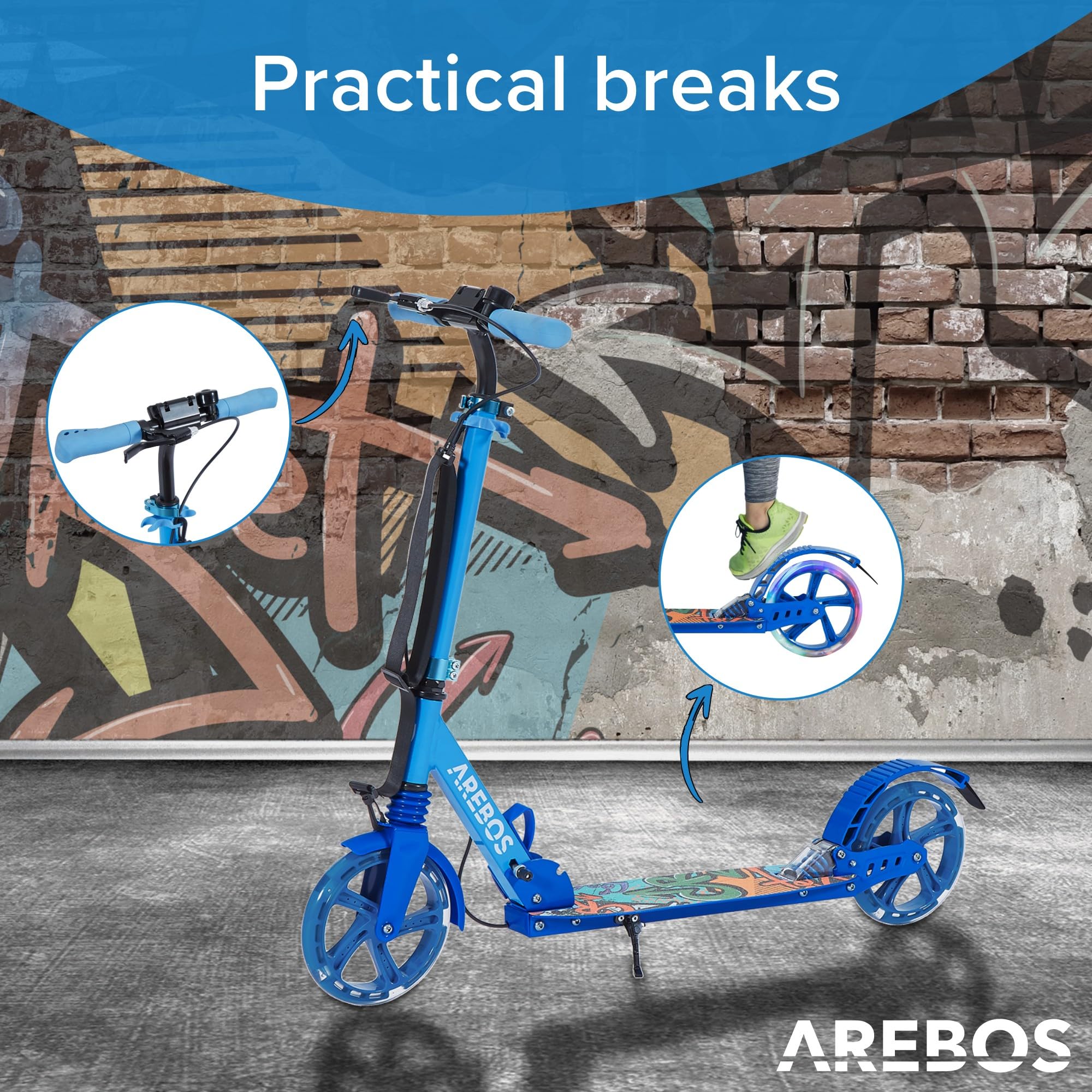 Arebos City Scooter Patinete a Pedales Azul Regulable en Altura Plegable Ruedas LED Freno de Pedal Manual