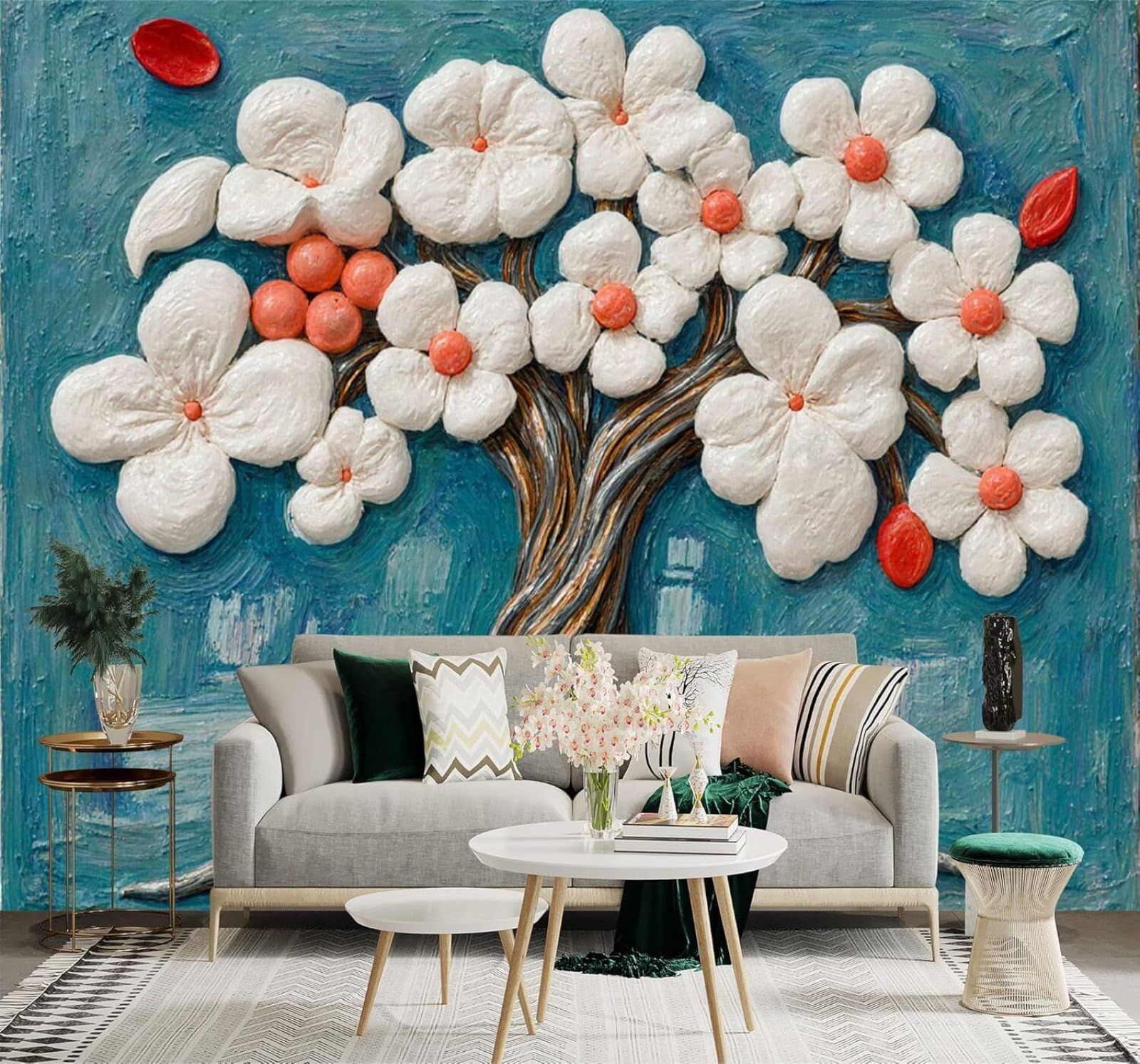 XLMING White Flowers Trees Abstract Blue Texture 3D Wallpaper Silky Texture Home Study Office Grey Dining Room Sofa Bedroom Living Room TV Backdrop-300cm×210cm