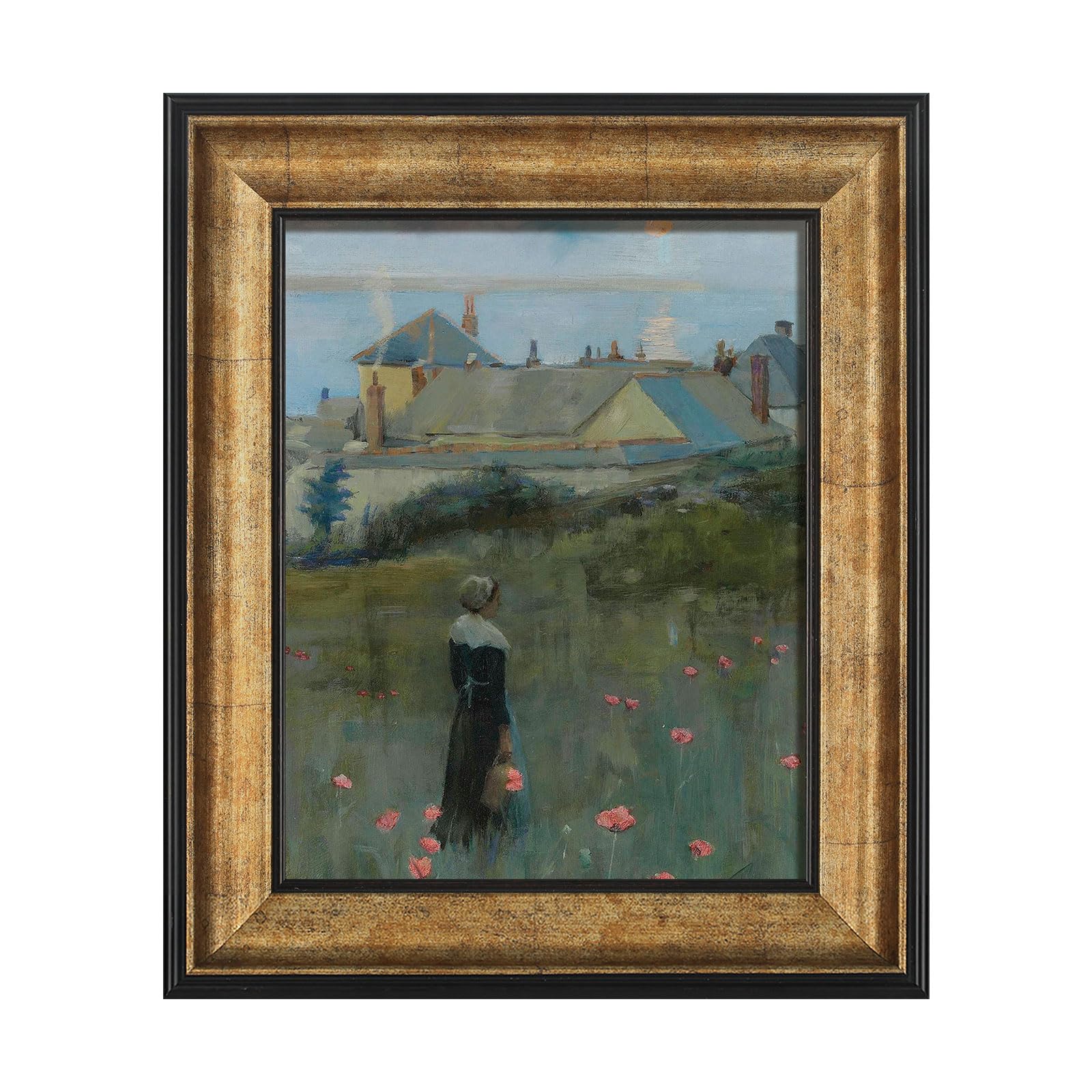 FOLKOR Landscape Framed Wall Art for Girl Lady Bedroom Decoration, Flowers Sunrise 9x12 Vintage Wall Decor Room Aesthetics, Home Office Living Room Laundry Artwork (Poppies)