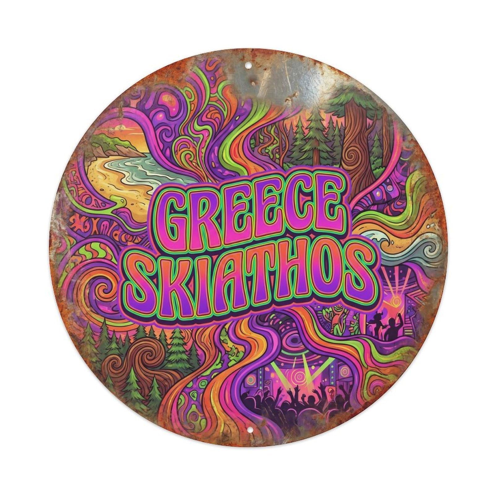 Skiathos Beaches Greek Psychedelic Harbor Landmark Metal Tin Sign Plaque Wall Decor for Cafe, Man Cave, Club Bar, Office, Home Garden Round Metal Poster 8x8Inch