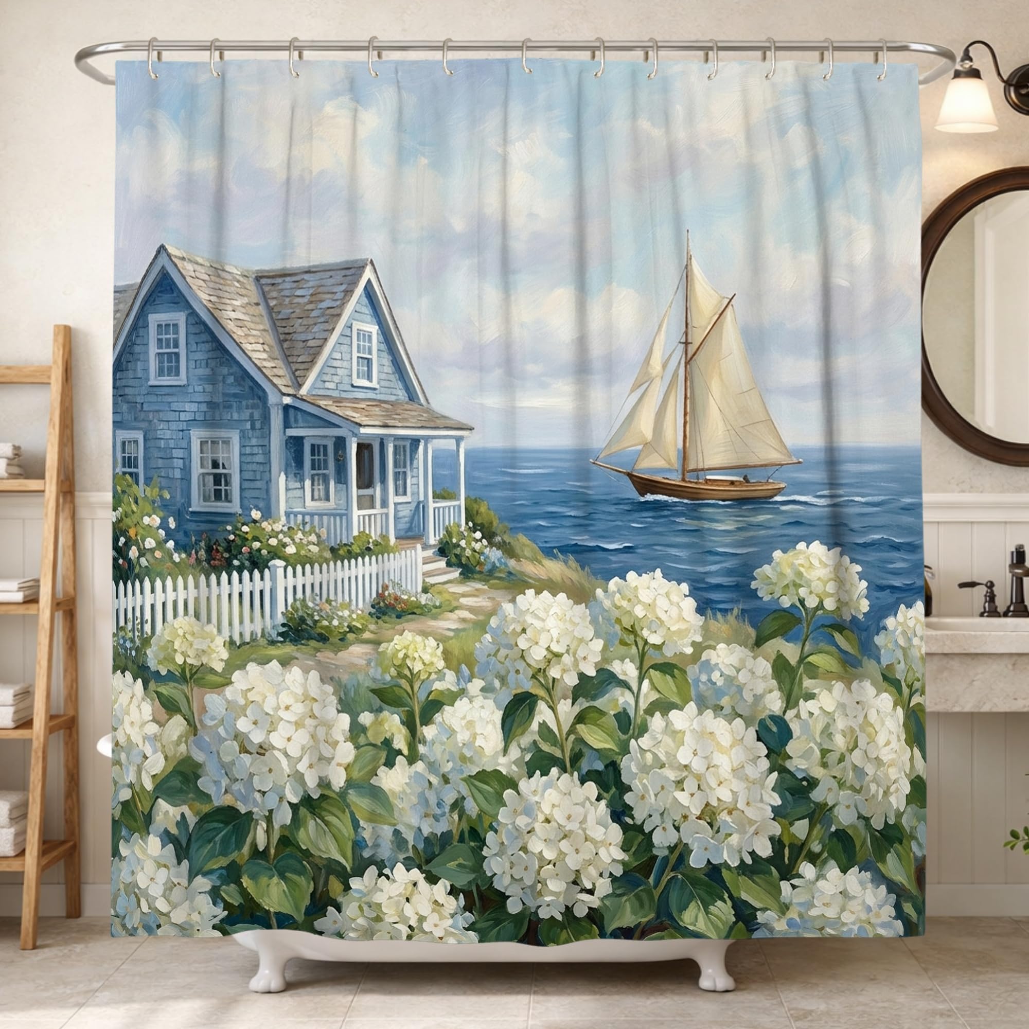 AUWUUA Floral Shower Curtain 47x71in/120x180cm/WxH Rustic Sailboat Ocean Summer Blue Waterproof Polyester Fabric Bathtub Curtain for Bathroom Apartment Decoration with Hooks
