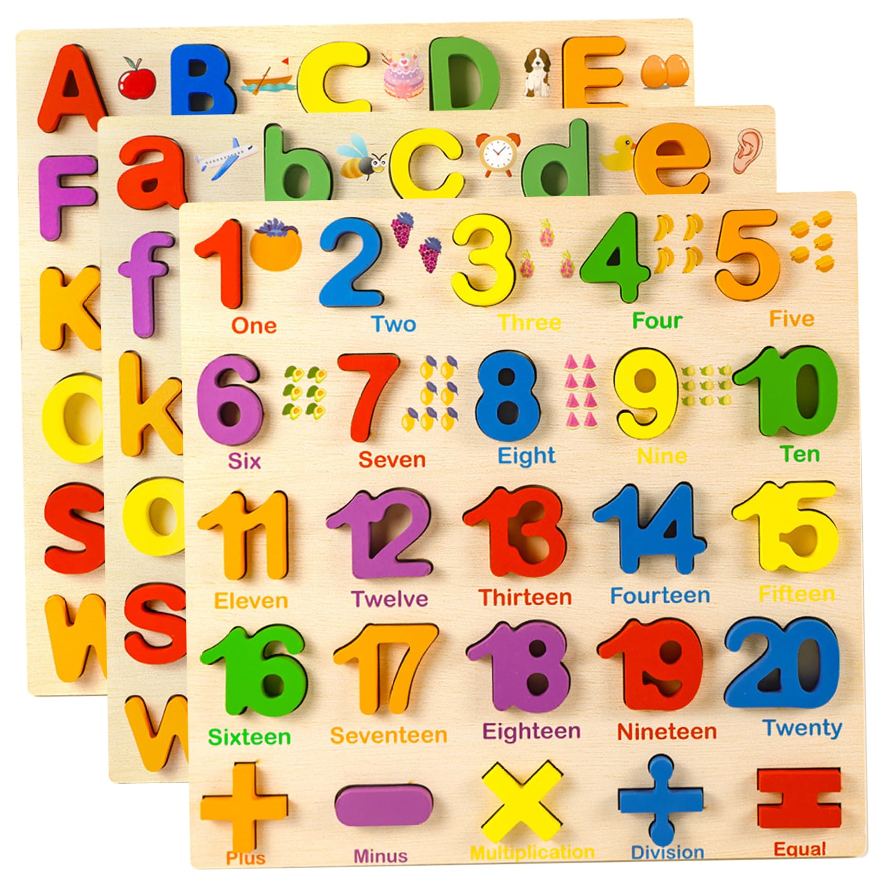 Puzzle in legno, 3 pezzi di puzzle con alfabeto e numeri, giocattoli educativi per attività di apprendimento prescolare per bambini di 1, 2, 3, 4 e 5 anni, in legno per bambini piccoli, puzz