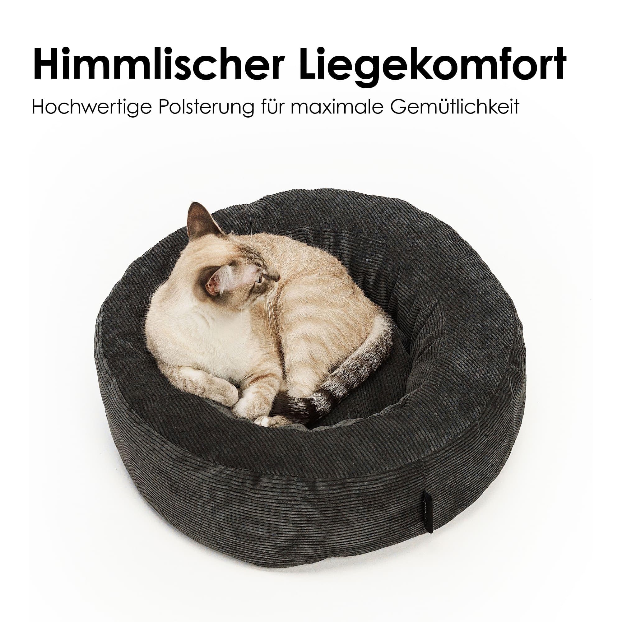 LucyBalu® Nest Katzenbett rund aus Cord I kompakter Schlafplatz zum Einkuscheln I waschbar mit abnehmbarem Bezug I Ø 55 cm für Kitten & kleinere Rassen I Sand