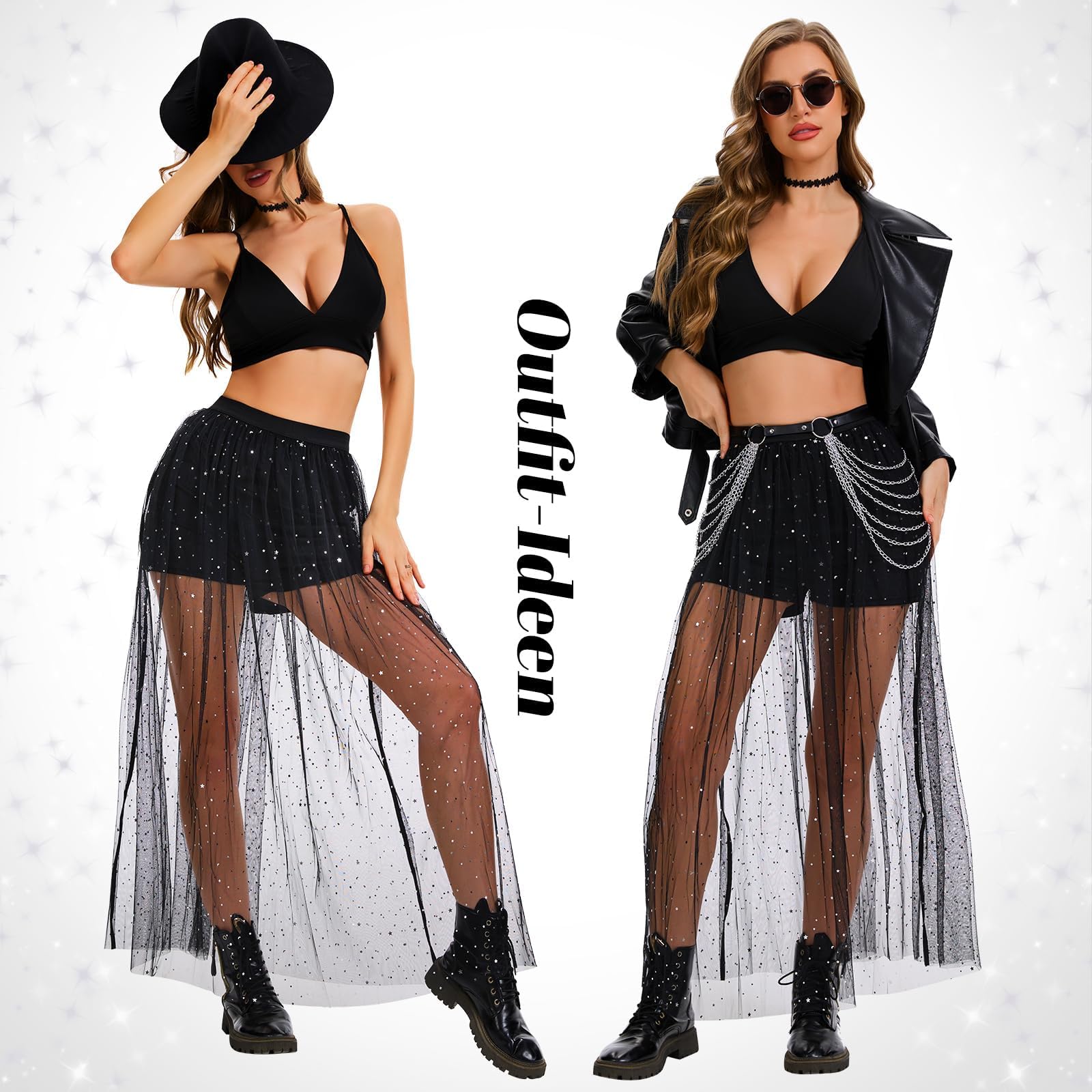 JasGood Jupe en tulle transparente 2 en 1 pour femme - Jupe en maille noire avec short - Taille haute - Jupe irrégulière cintrée pour fête et club