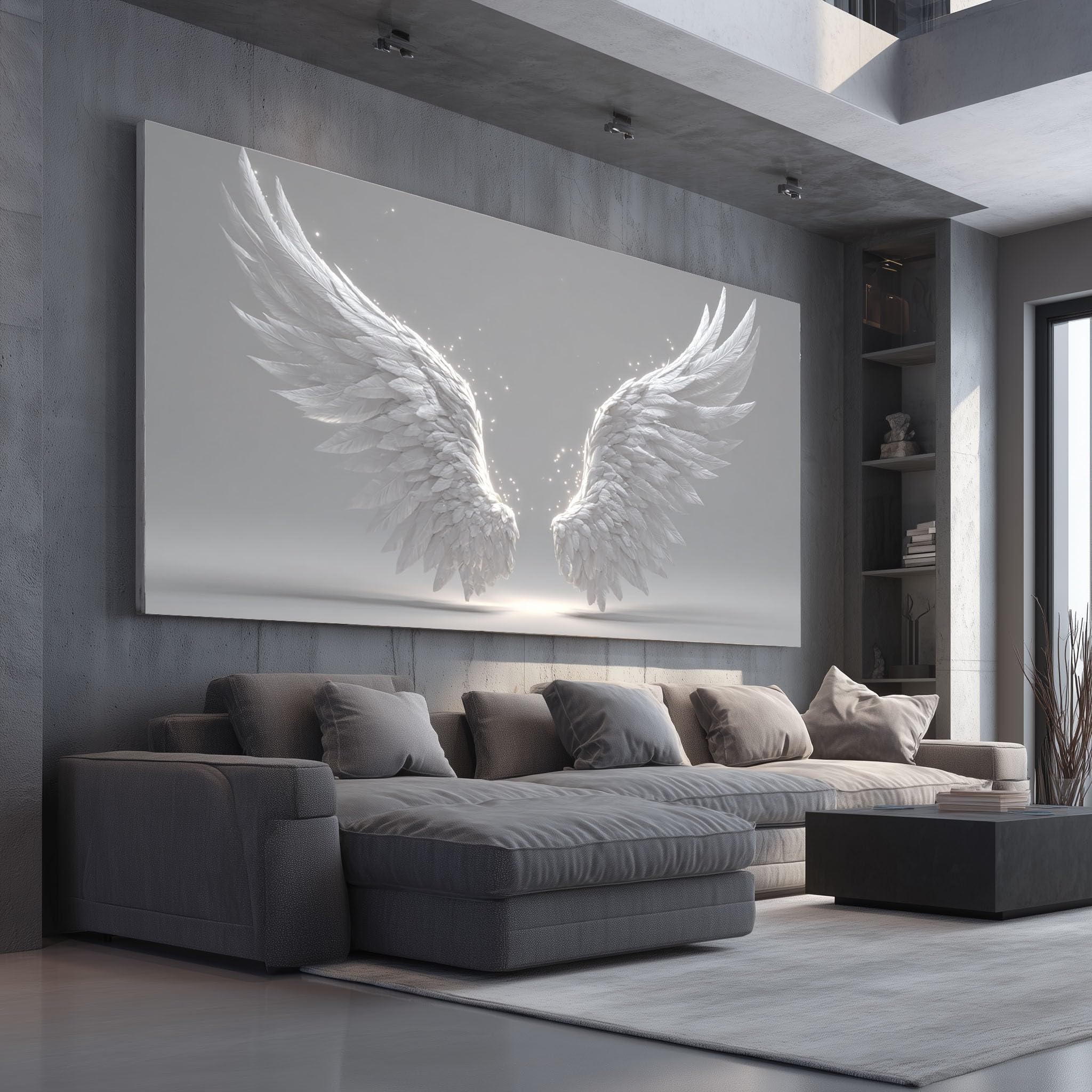 Cuadro decorativo de pared, marco de madera, diseño de ángel y alas de fotos artísticas, listo para colgar minimalista blanco, decoración de pared para salón y dormitorio adulto, 60 x 120 cm, luz