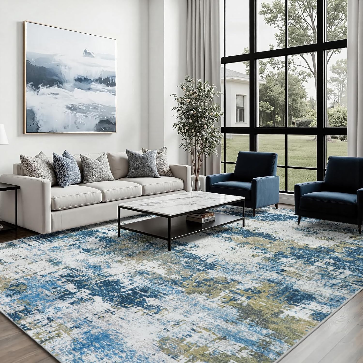 Area Rug 5x7 Living Room Rug Washable: No-Slip Abstract Soft Thin Large Black Rugs, Indoor Floor Stain Resistant Modern Carpet for Bedroom Dining Room Farmhouse Nursery Home Office (Black, 5'x7')