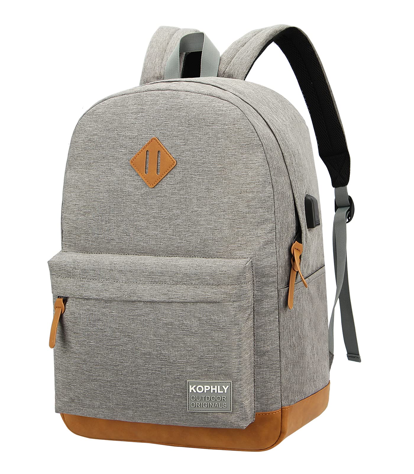 Laptop Backpack with Leather Decoration, USB Charging Port, Classic Backpack for College, Work, Travel(18 Inches/Light Grey)