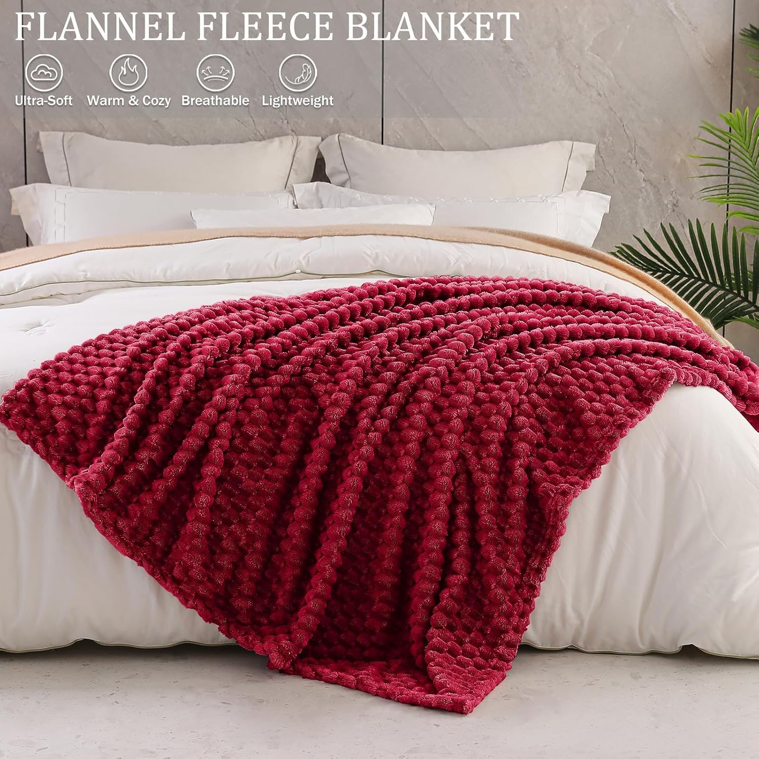 Exclusivo Mezcla Large 3D Fleece Throw Blanket for Couch, Deep Red image 2