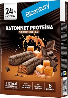 Bicentury Barritas Proteicas Sabor Toffee, 24% Proteína, Alto Contenido en Fibra, 6 Barritas de 31 g, 117 kcal por Barrita, Snack Saludable con Chocolate y Toffee