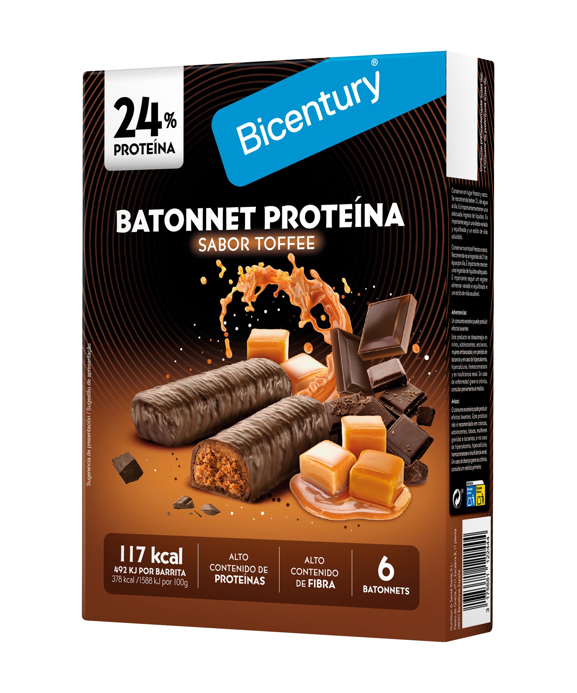 Bicentury Barritas Proteicas Sabor Toffee, 24% Proteína, Alto Contenido en Fibra, 6 Barritas de 31 g, 117 kcal por Barrita, Snack Saludable con Chocolate y Toffee
