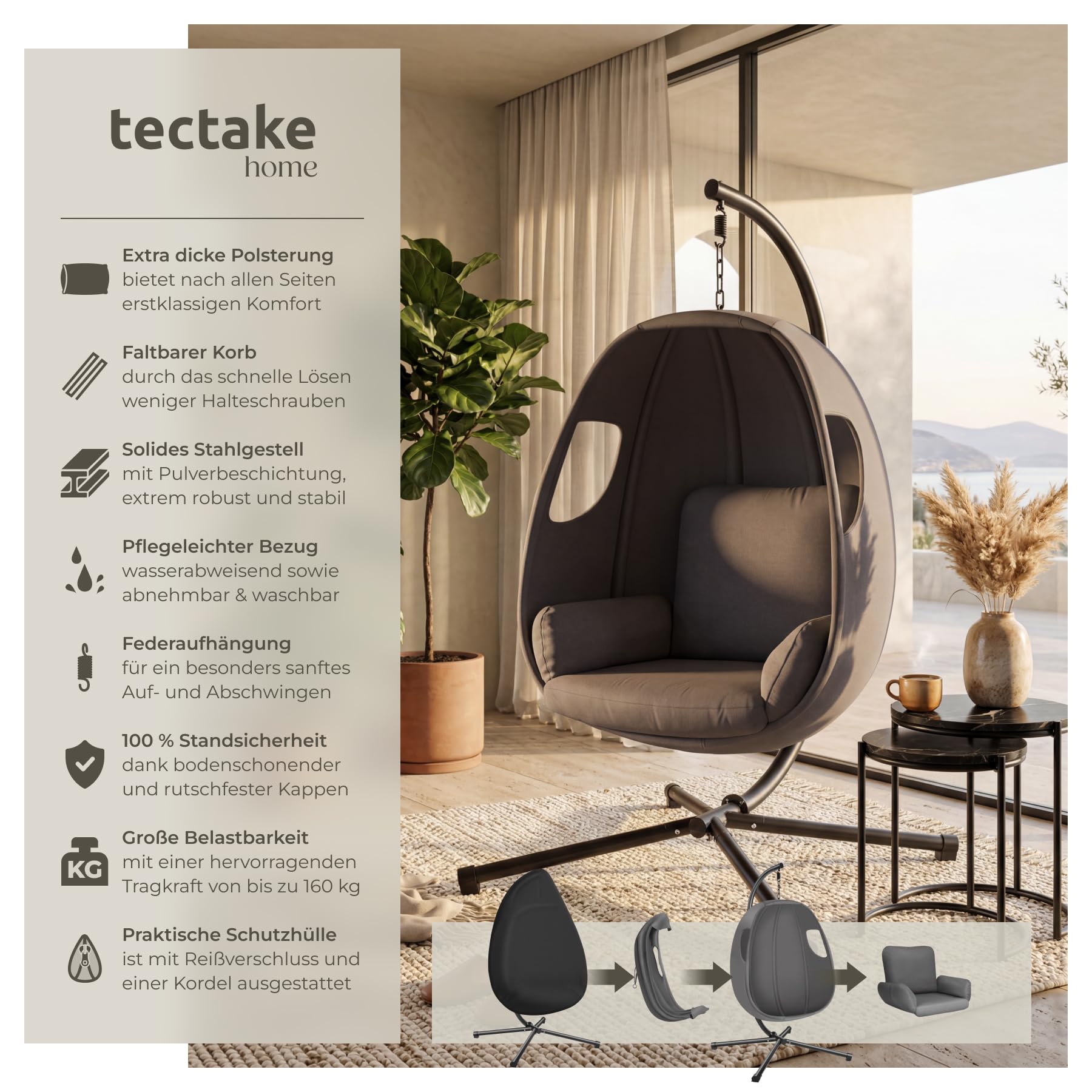 tectake® Hängesessel mit Gestell, Indoor oder Outdoor, Schaukel Sessel mit Kissen + Rückenkissen, Schaukelstuhl, Hängestuhl. Möbel für Wohnzimmer, Schlafzimmer, Balkonmöbel, bis 160kg (anthrazit)