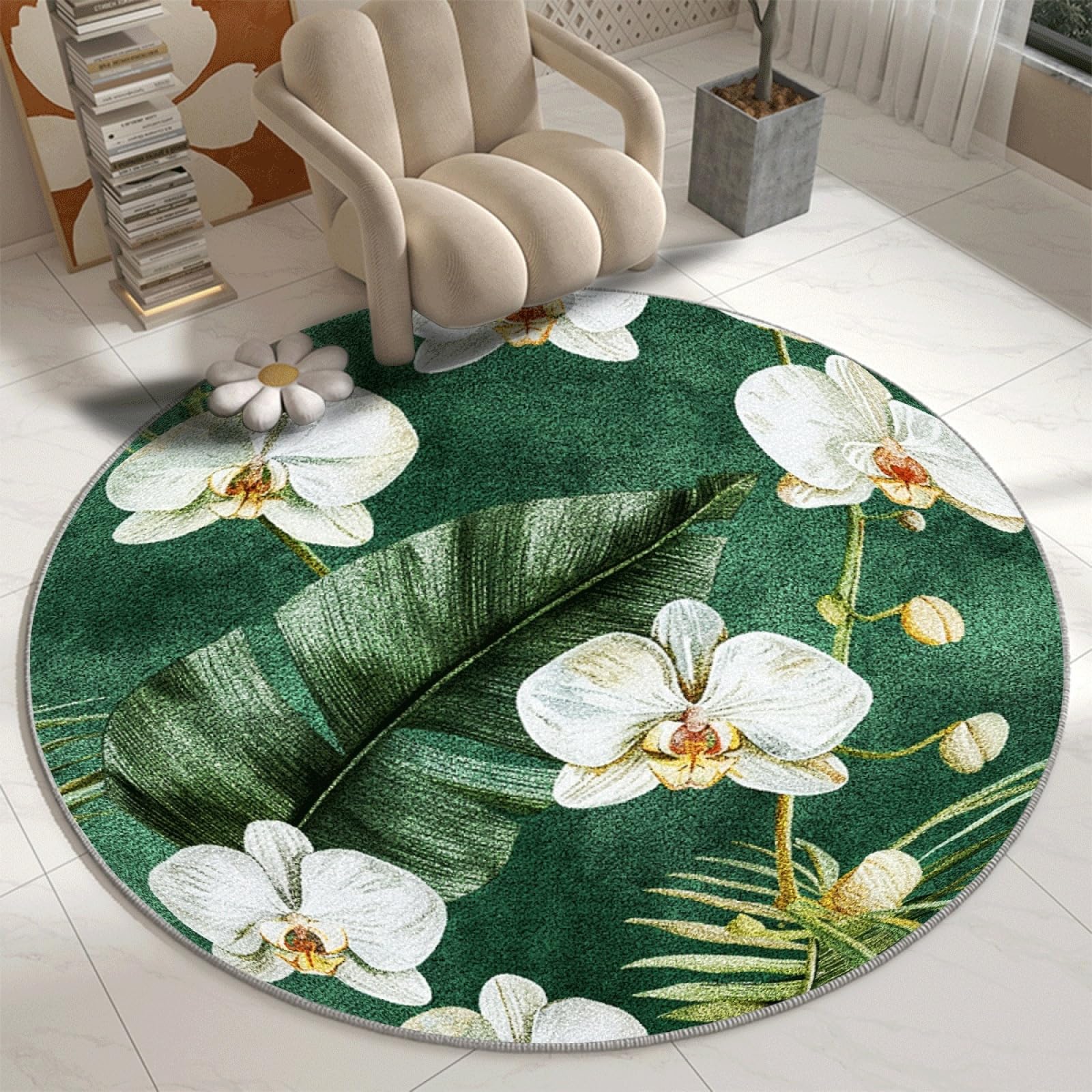 Tapis rond lavable en machine antidérapant motif végétal