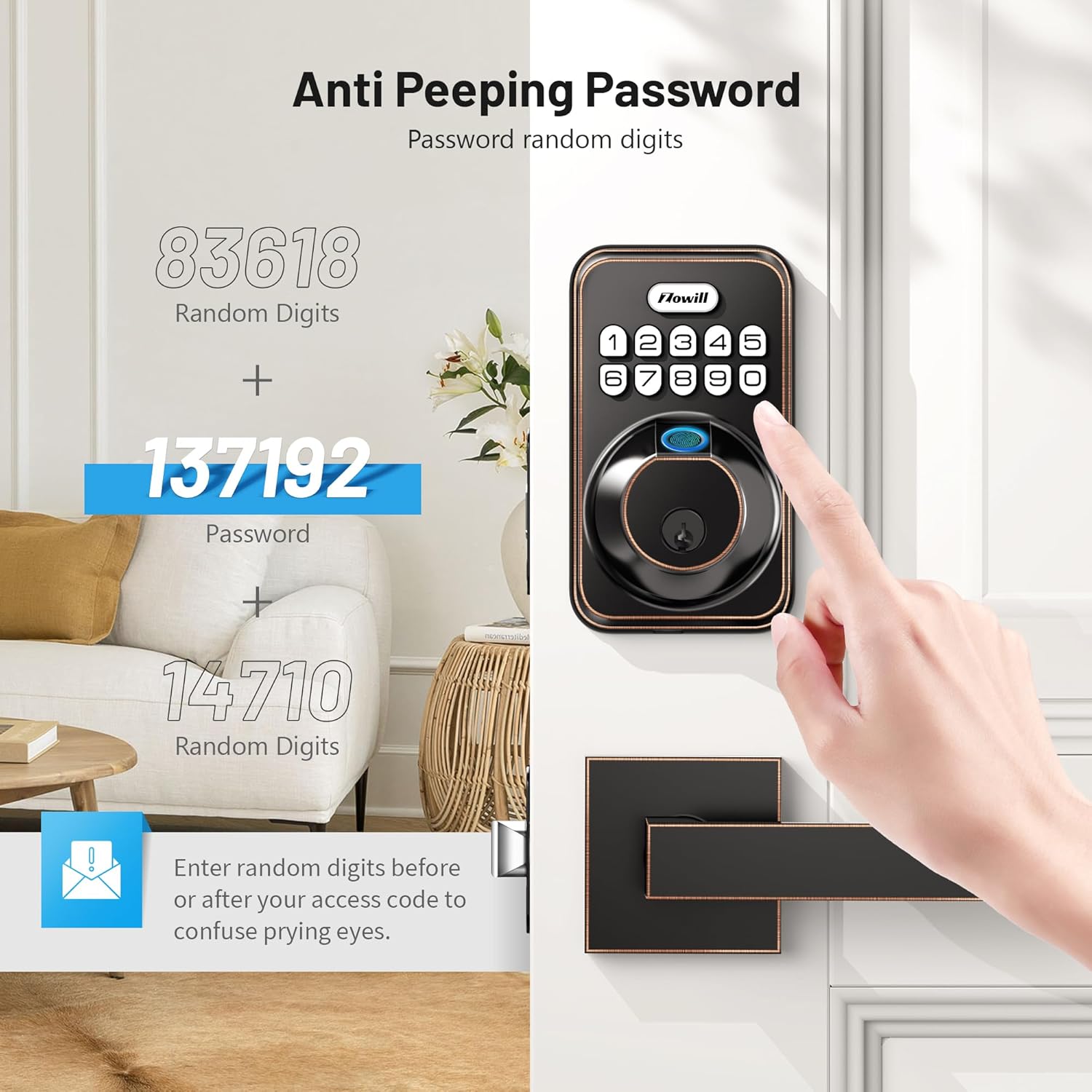 Icons representing different user types: Family, Friends, Pet Sitter, Repairman, Roommate, with text indicating 20 Fingerprints, 20 User Codes, and One-time Code.