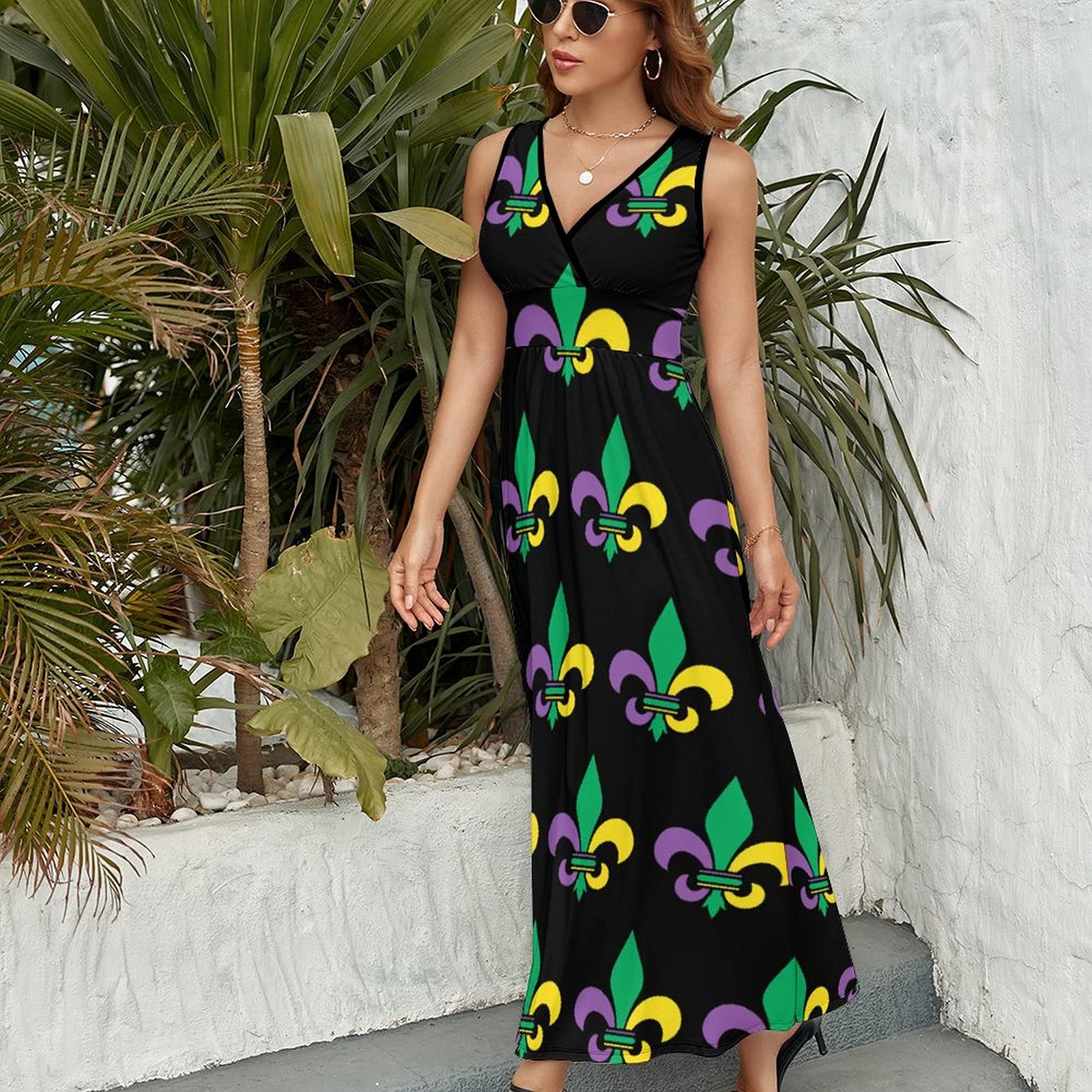BAIKUTOUAN Mardi Gras Fleur De Lis Long Dress for Women Summer Printed Sleeveless