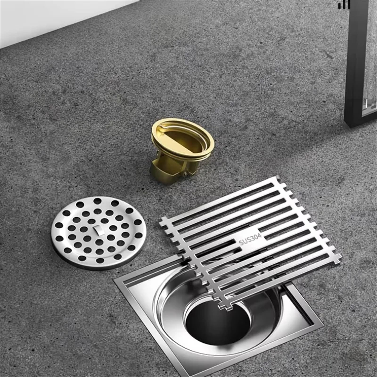 Sumidero Ducha Drenaje de Piso Cuadrado for baño, Lavadora, Drenaje, Proceso trefilado Acero Inoxidable(Style 3)