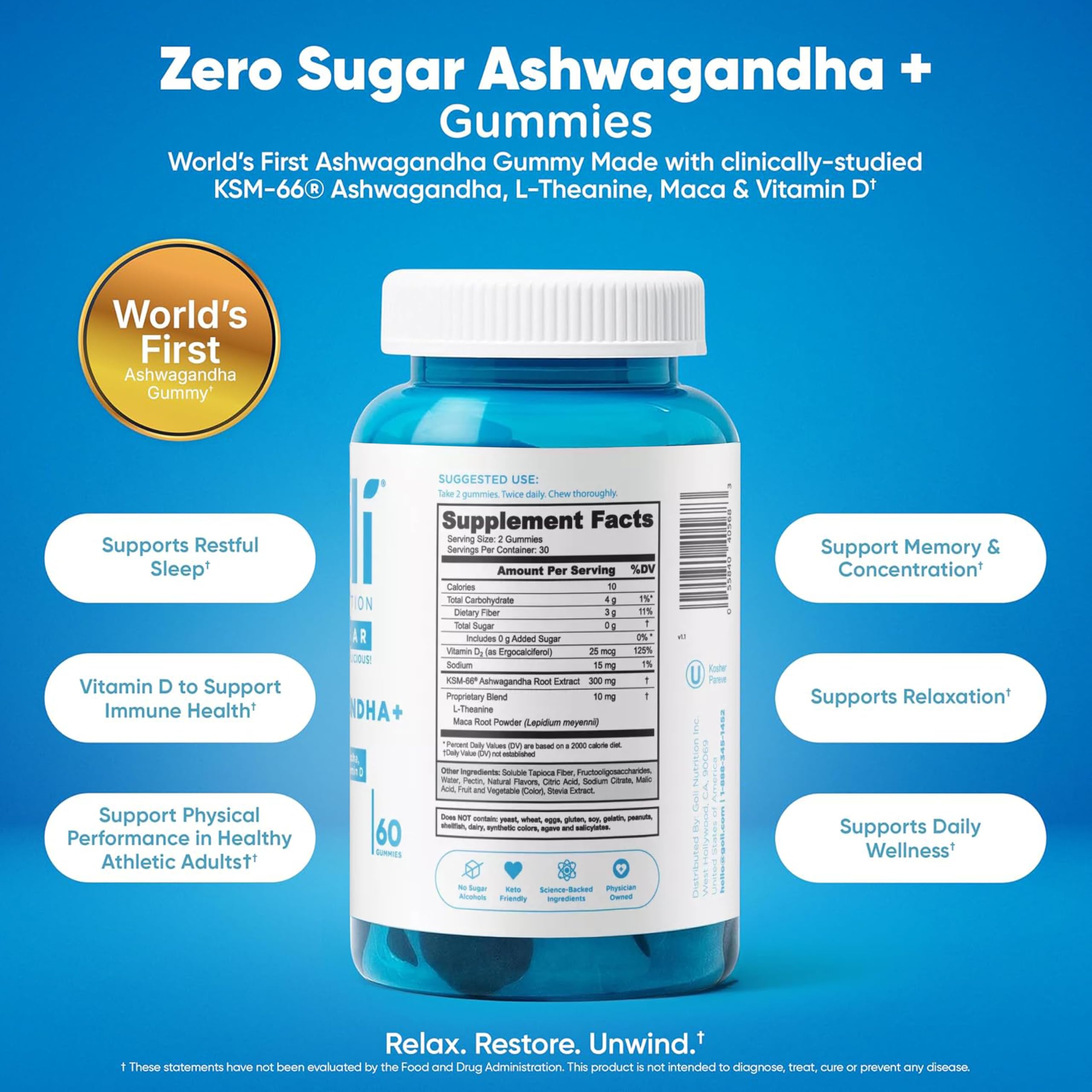 Goli Zero Sugar Ashwagandha Gummies with KSM-66, L-Theanine, Maca and Vitamin D - No Sugar Alcohols - Vegan, Keto-Friendly, Non-GMO — Amazon image 4