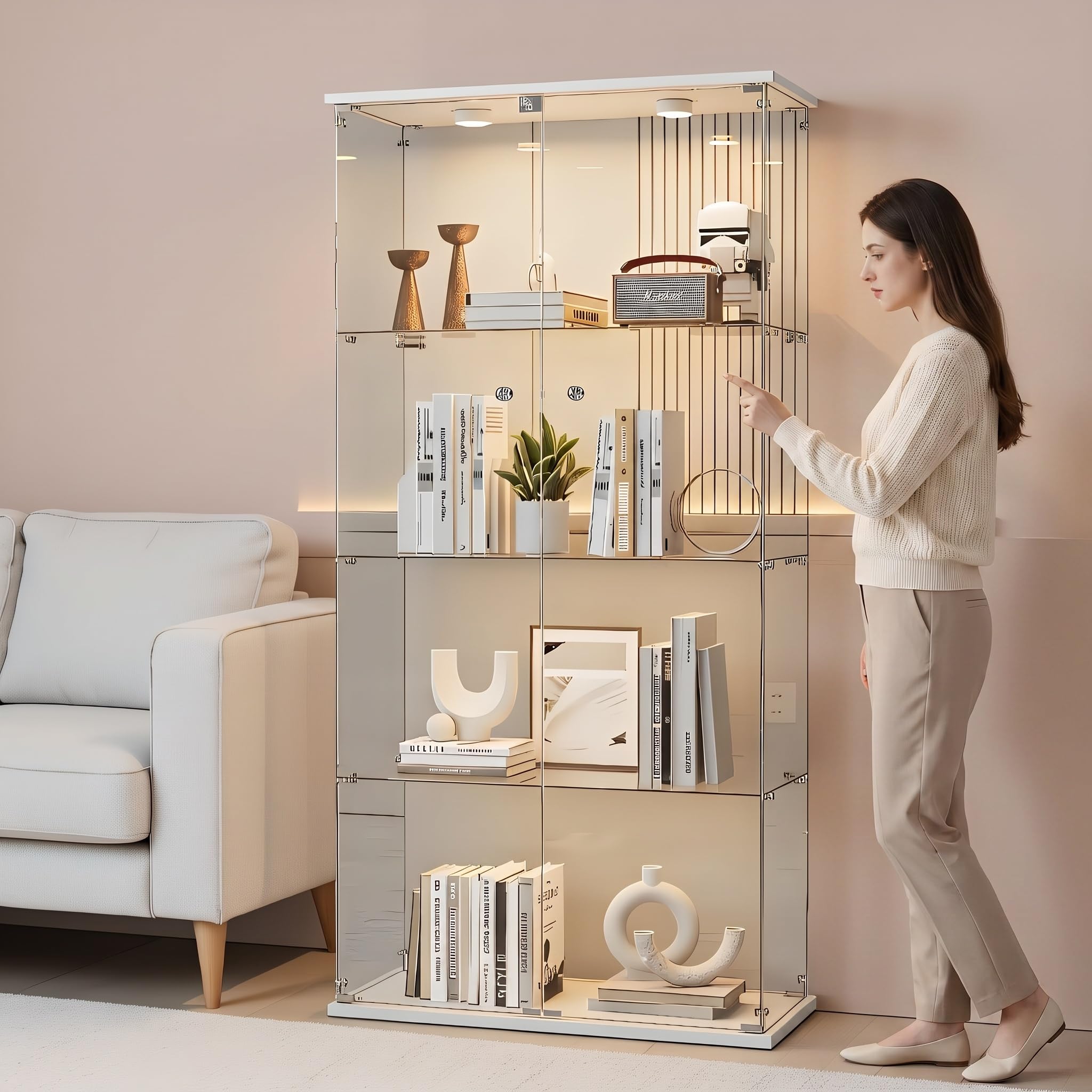 KOOPMAD 65" Glass Display Cabinet with lights,Showcase Cabinet, White
