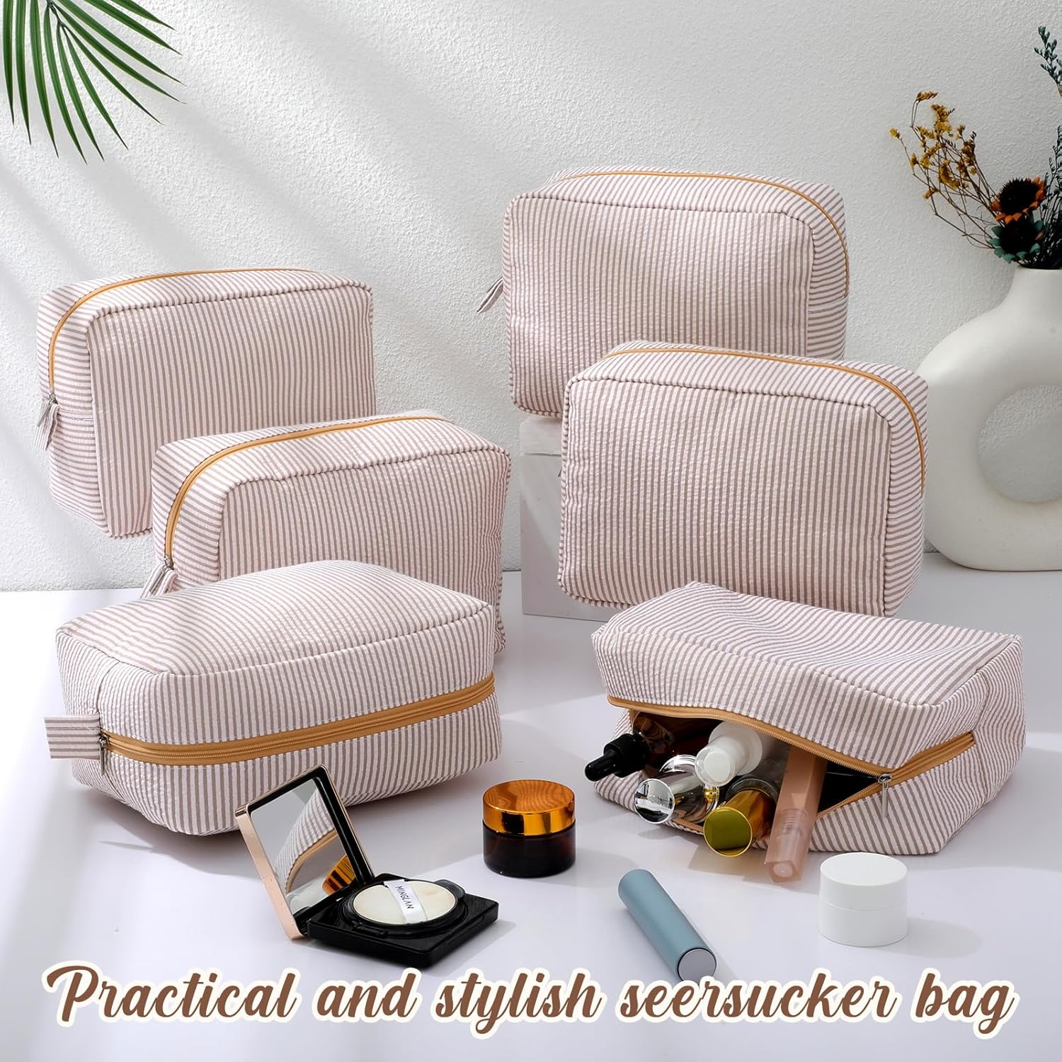 Sanwuta 6 Pcs Seersucker Cosmetic Bag Bulk Pinstripe Makeup Bag for Women Aesthetic Cute Travel Toiletry Organizer Preppy Storage Pouch for Wedding Bridesmaid Christmas Gift (Large, Khaki)