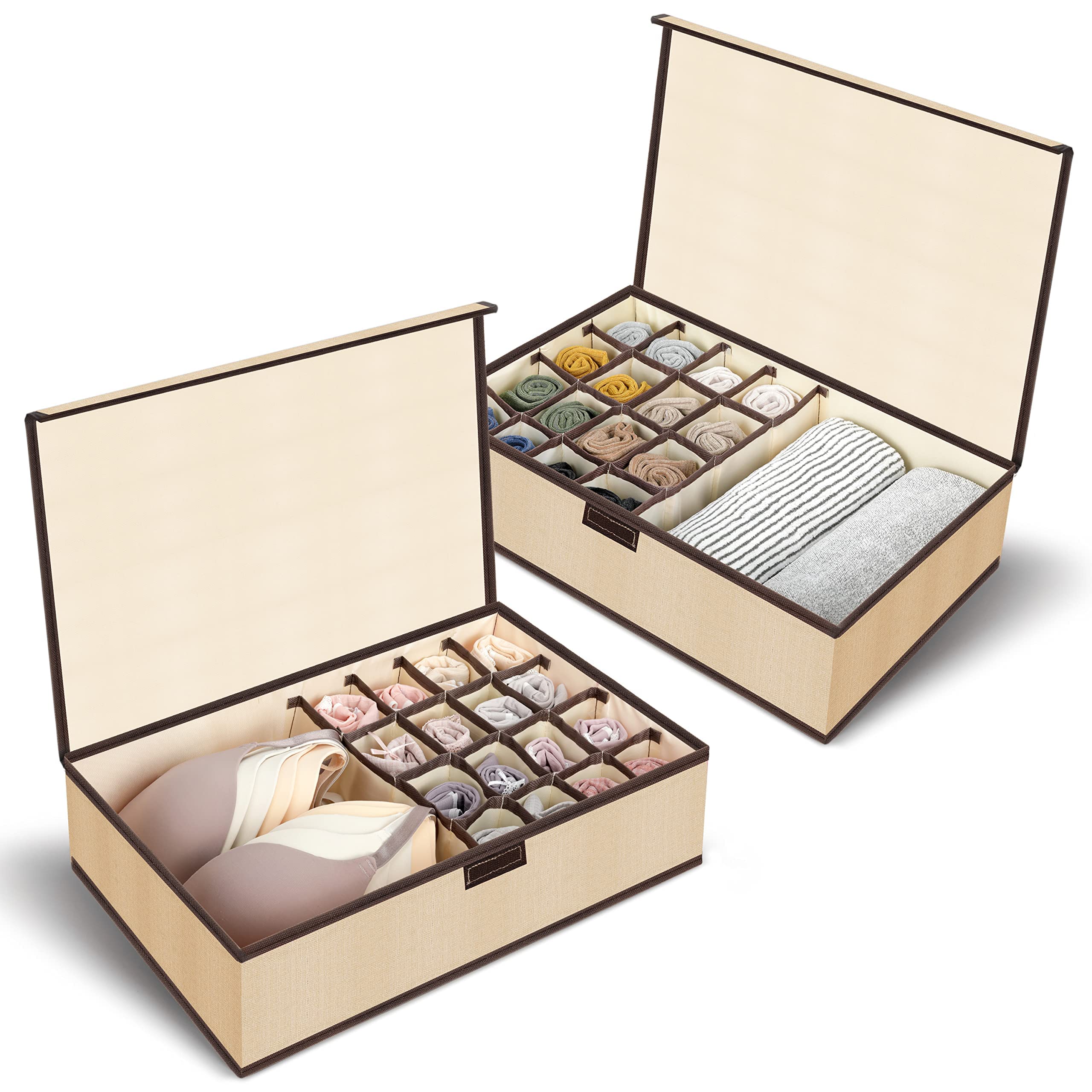 Excefore 2PC Sock Bra Organizer Divider with Lid - Neatly Organize Your Closet with 17 Cells Fabric Underwear Drawer Organizer, Foldable Storage Solution for Socks, Bras, Ties, Scarves, and More