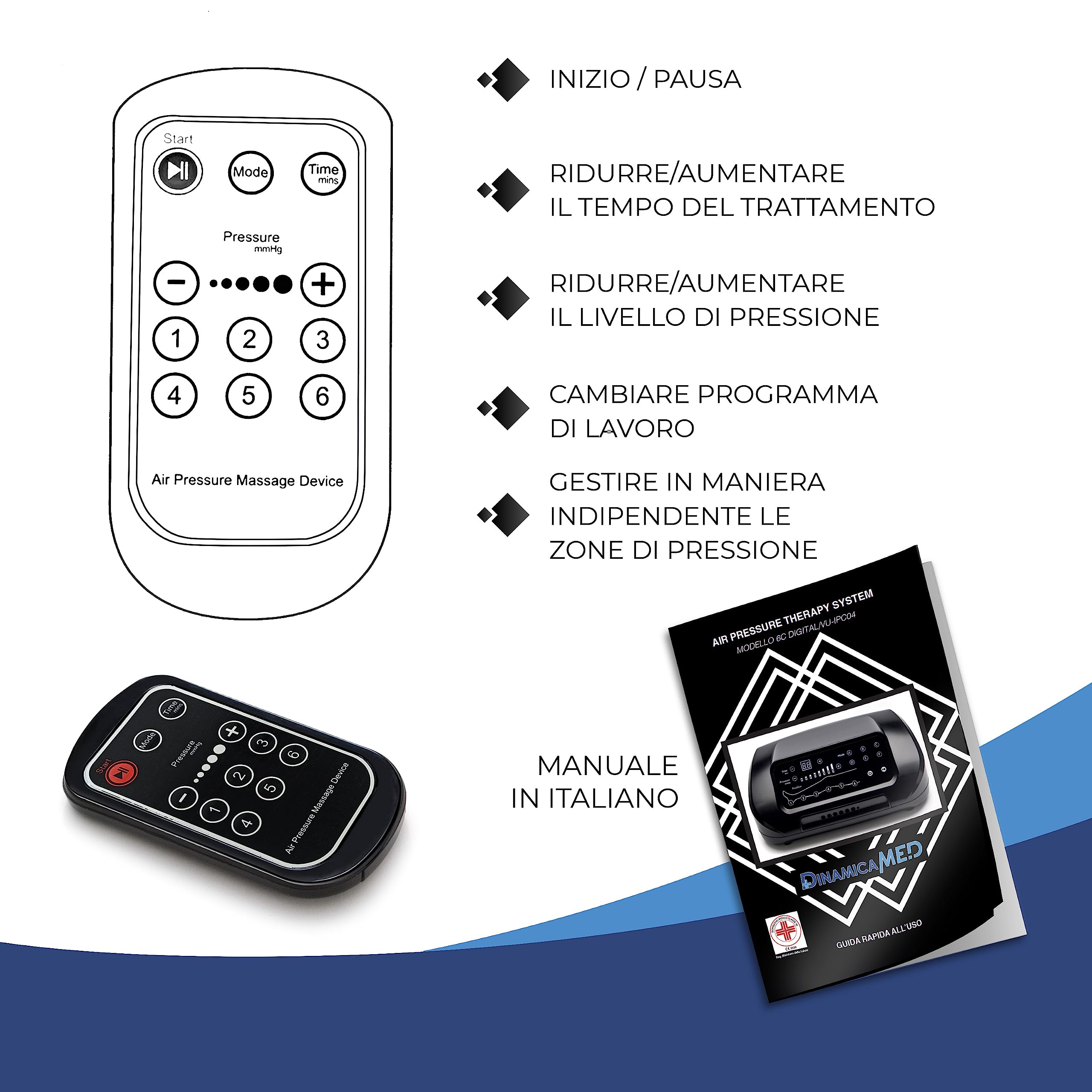 Dinamicamed ® PRO 6.0 Pressoterapia Linfodrenaggio Professionale Digitale Classic, Pressoterapia per Casa con 6 Programmi, Massaggio Linfodrenante a 6 Camere con Pantalone lungo e Bracciale