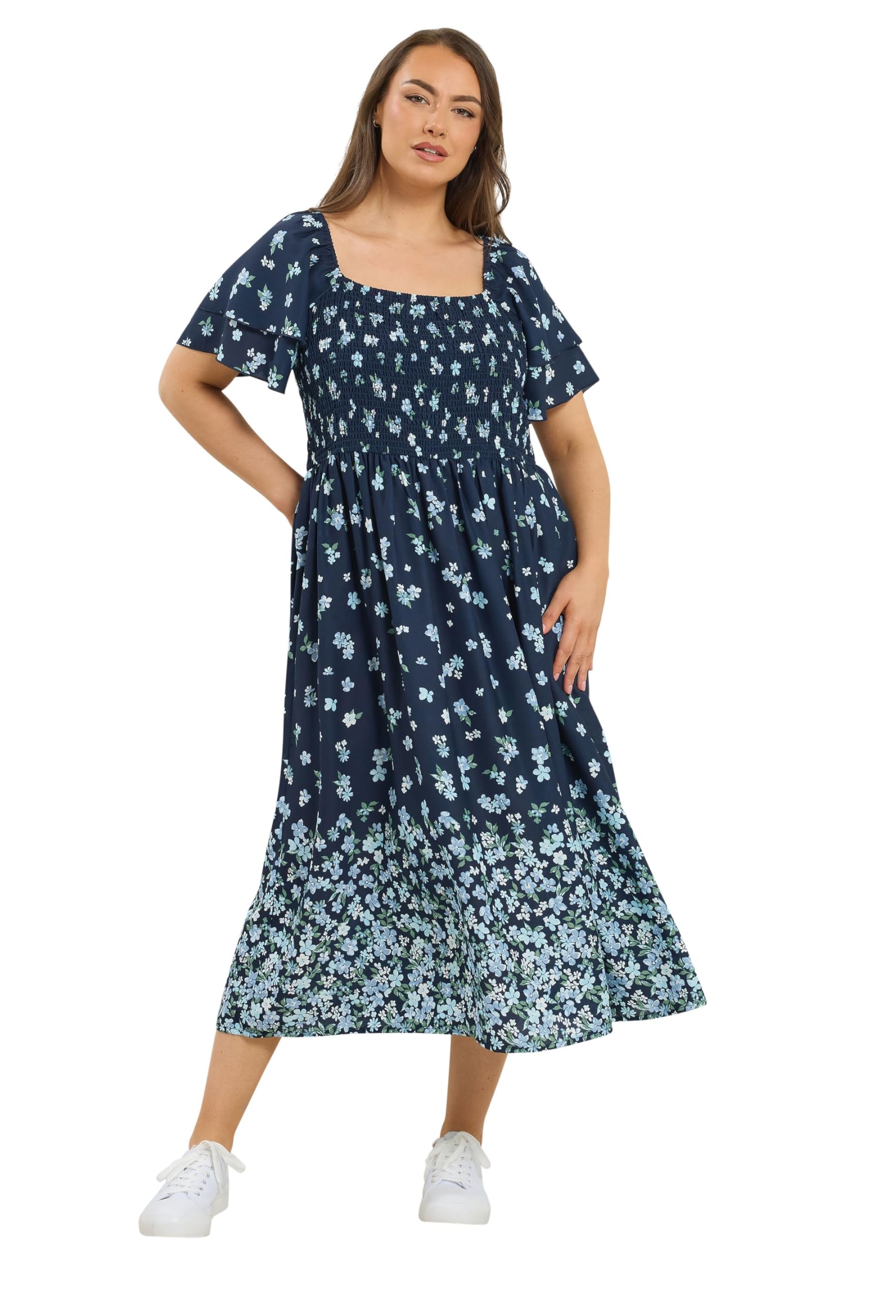 Yours Curve Blue Floral Shirred Maxi Dress - Women's - Plus Size Curve