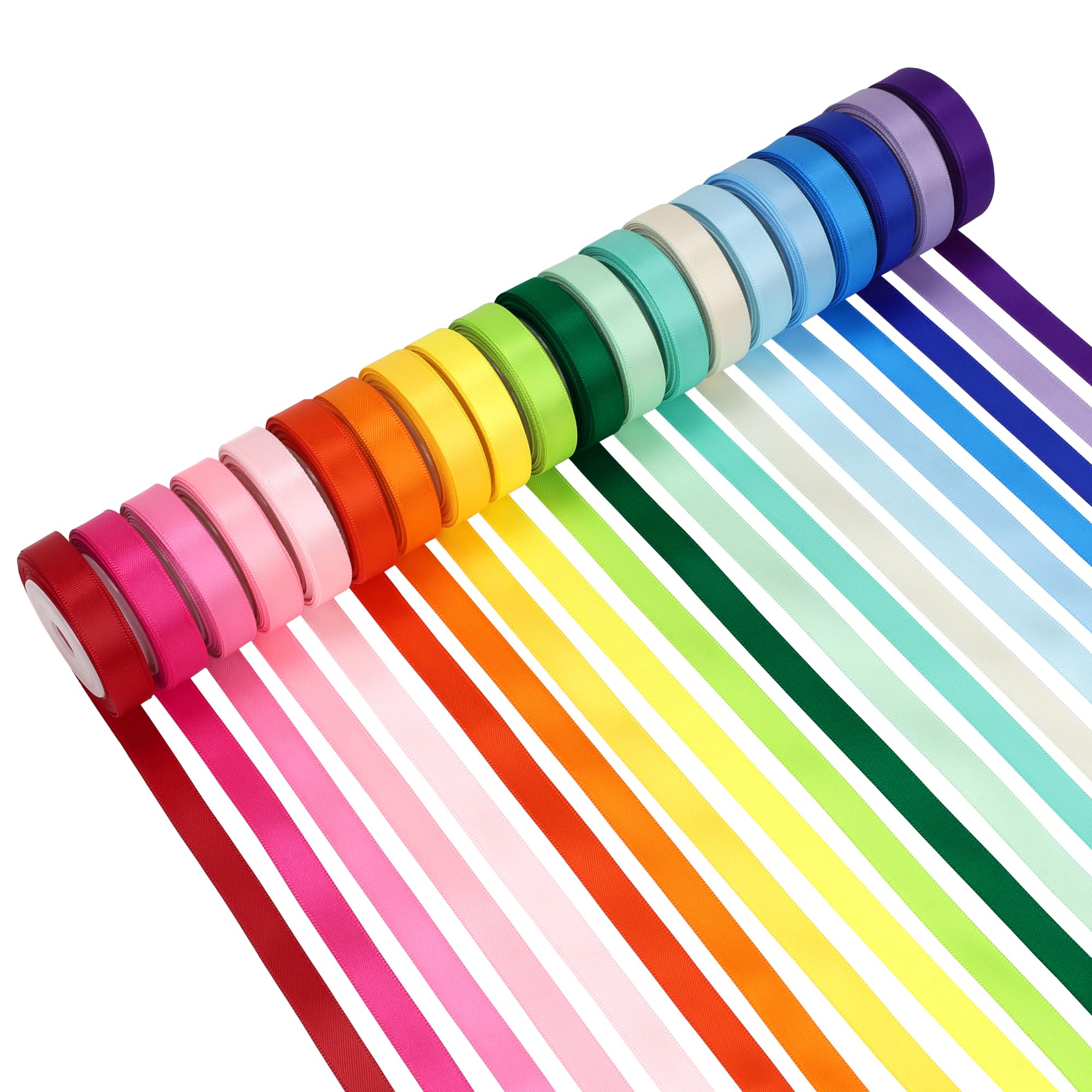 Kryvus Rainbow Satin Ribbon Set, Double-Faced Polyester Ribbon 20 Colors, 10mm x 5M Each, Colorful Satin Ribbons for Gift Wrapping, Hair Bows, Wedding & Party Decorations, DIY Crafts, Total 91 Metres