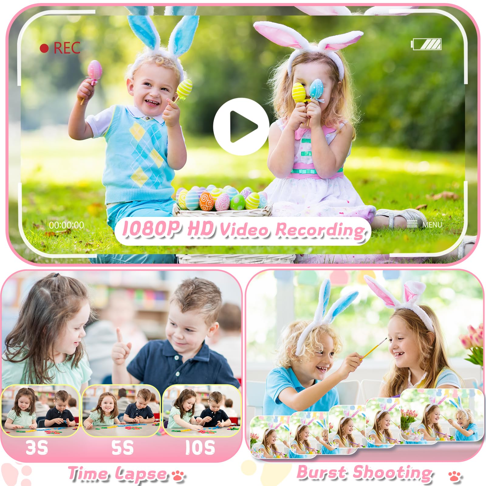 Cámara para niños, cámara digital para niños pequeños con lente de zoom giratorio, pantalla grande de 3.5 pulgadas, cámara de juguete 1080P para niños con flash, tarjeta de 32 GB, regalos de 4
