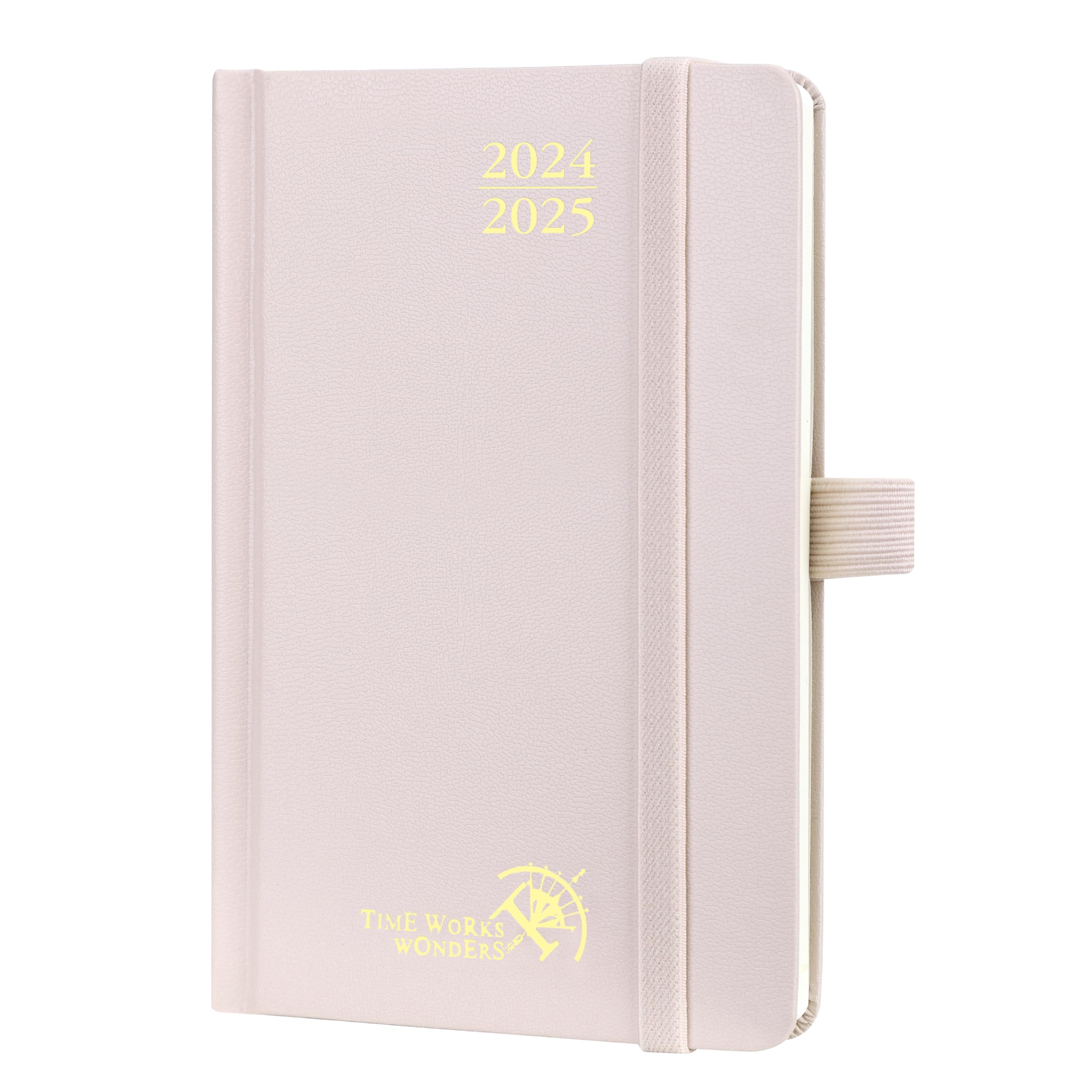 POPRUN Agenda 2024 2025 de Bolsillo 16 x 10,5 cm, Planificador Semana Vista A6 con Tapa Dura, 17 Meses de Ago.2024 a Dic.2025, Banda elástica, 80 GSM Papel, Rosa Claro
