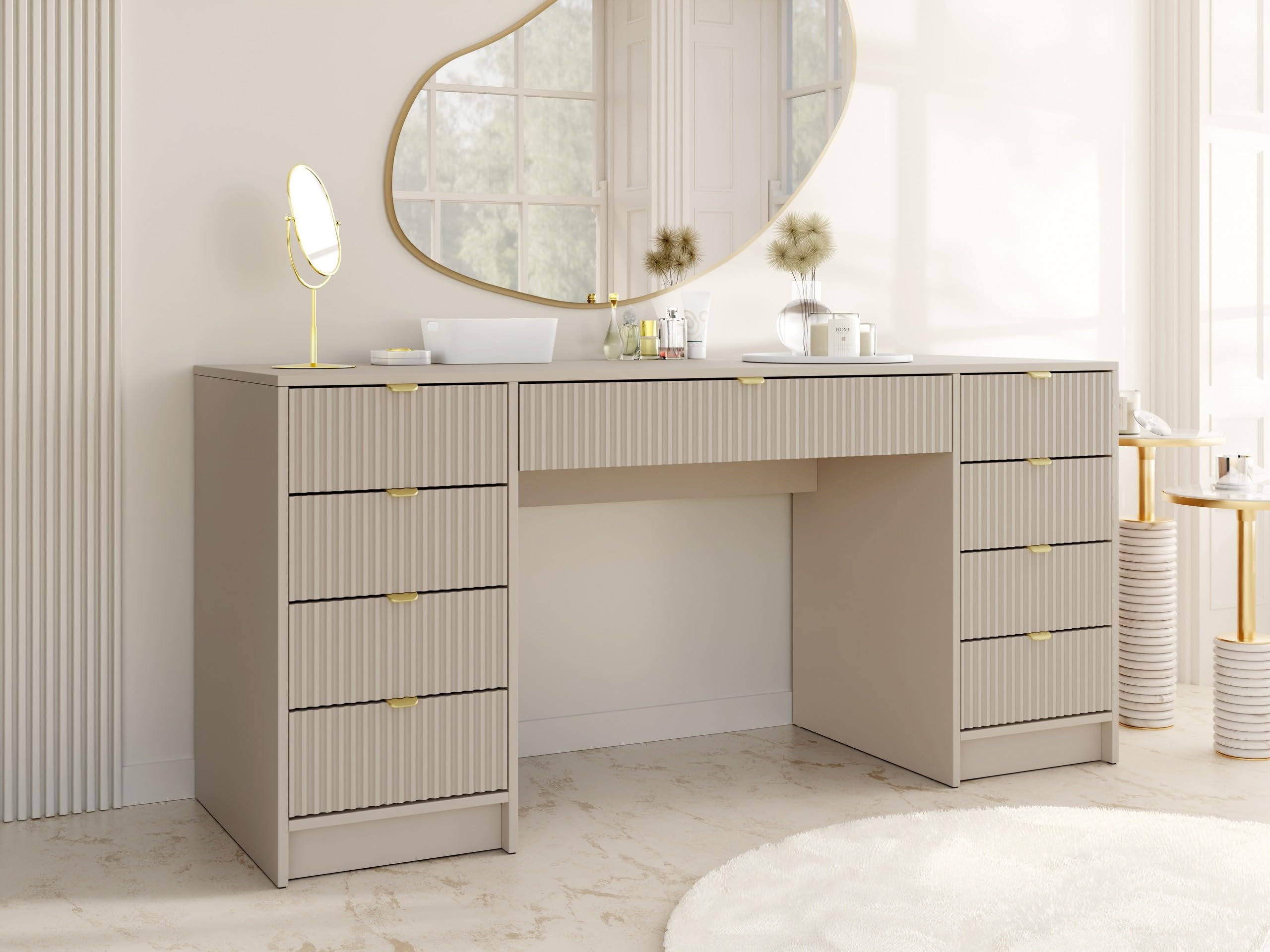Mirjan24 Schreibtisch Tireno Bis, 9 Schubladen geriffelte Fronten Schülerschreibtisch Computertisch Kinderschreibtisch Arbeitstisch PC-Tisch Jugendzimmer Kinderzimmer (Sandbeige)