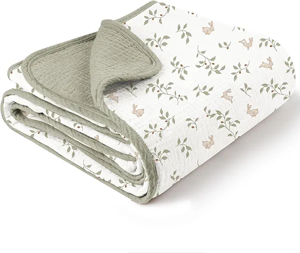 Konssy Muslin Baby Blankets for Girls Boys, 100% Cotton Crib Blanket for Baby Infant Toddler, Super Soft and Lightweight Nursery Blankets 40"x36"(Rabbit
