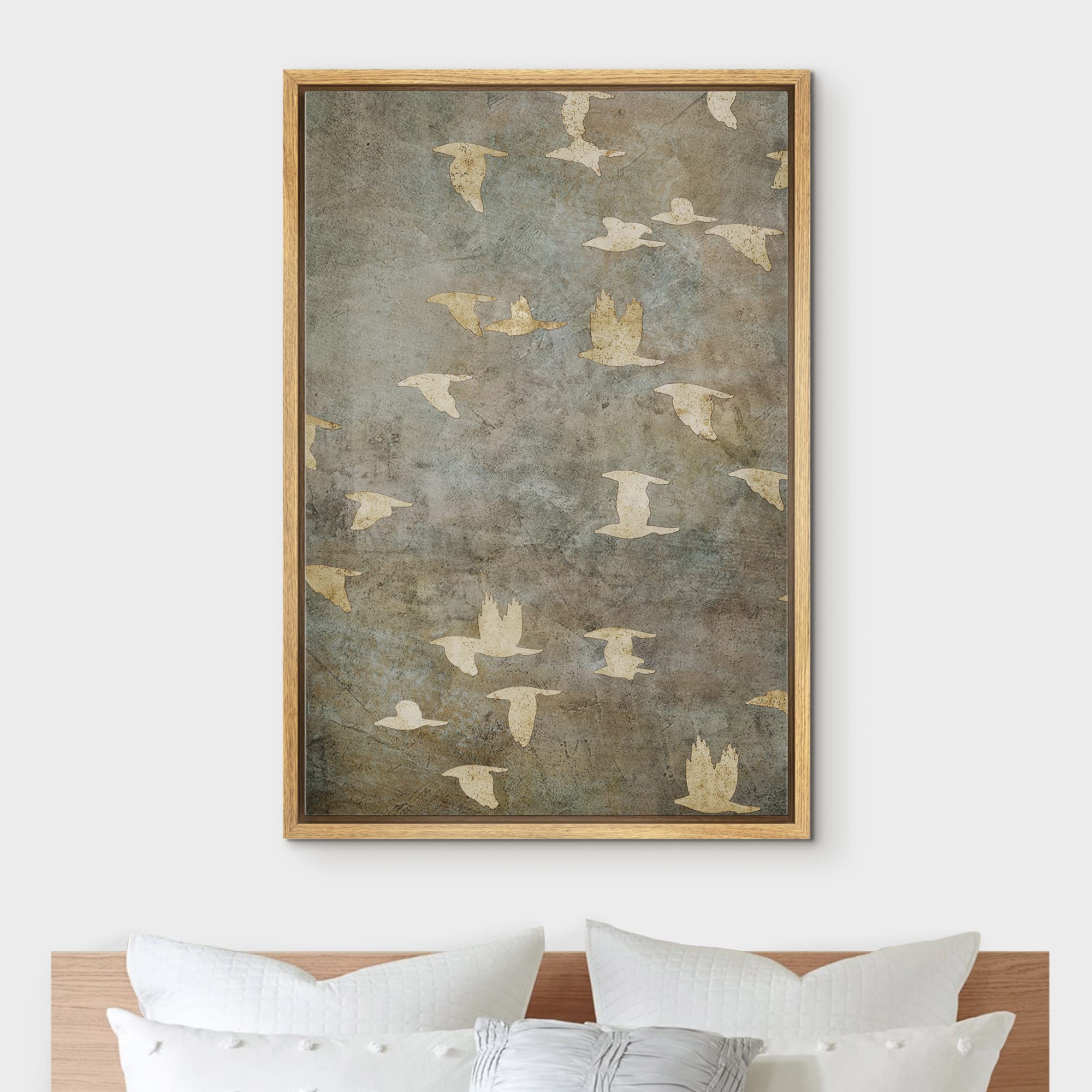 SIGNFORD Framed Canvas Print Wall Art Grunge Gold Flying Bird Collage Nature Wilderness Illustrations Modern Art Decorative Landscape Rustic Zen Colorful for Living Room, Bedroom, Office - 16"x24" Natural — view 3