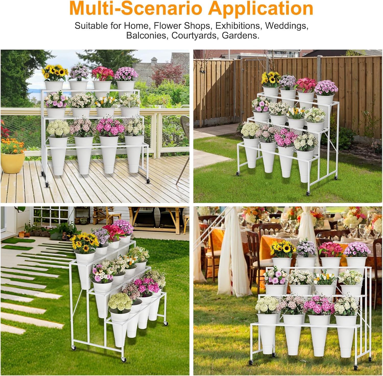 Flower Stand, 3-Tier Flower Display Stand with Buckets for Indoor Outdoor, Flower Cart Display Stand with Wheels for Courtyard, Balcony, Flower Shop, Wedding, Party, Exhibition, White
